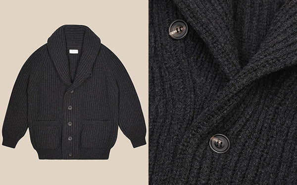 Introducing the Charcoal Superfine Lambswool Shawl Collar Cardigan