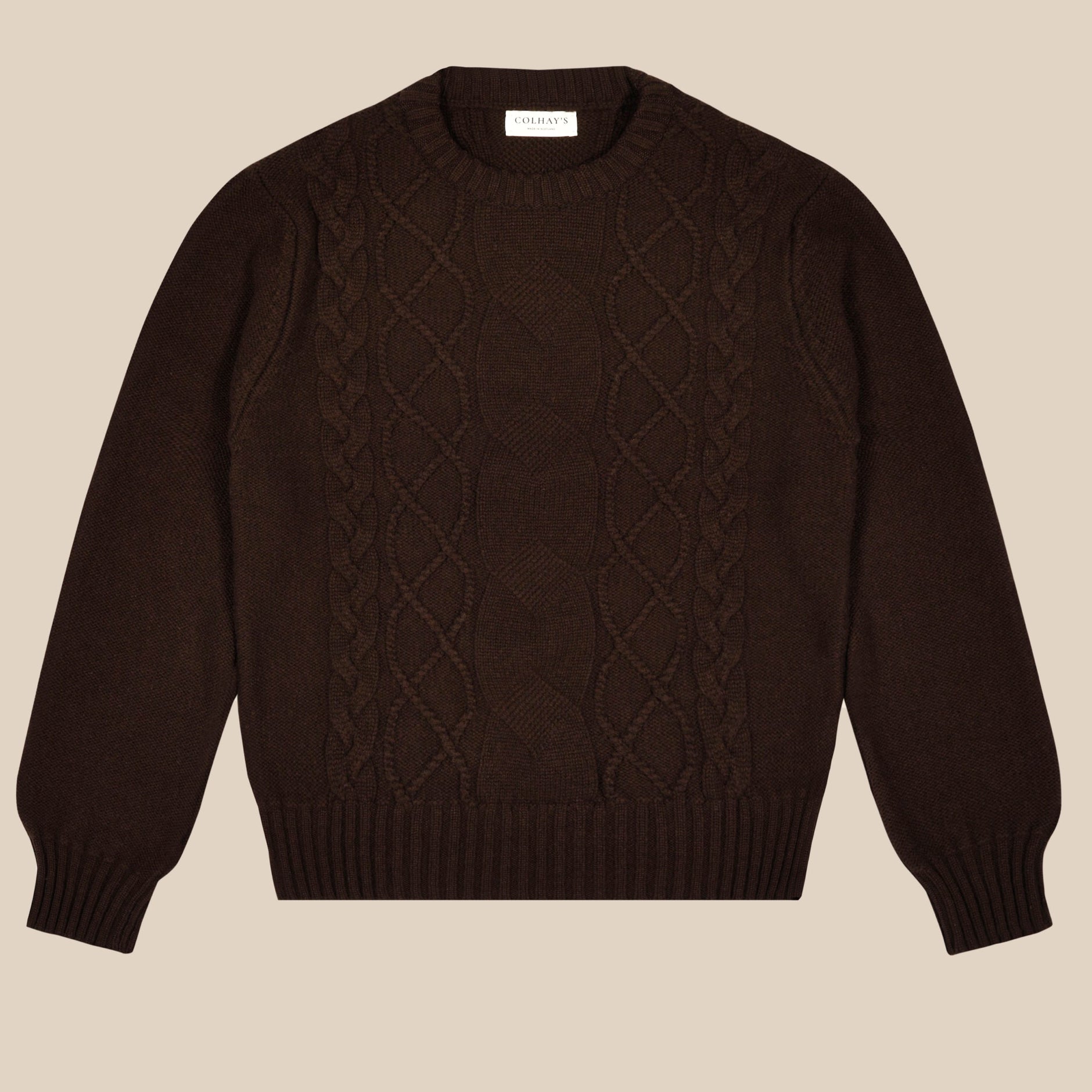 Cashmere wool chalet cable sweater in dark brown