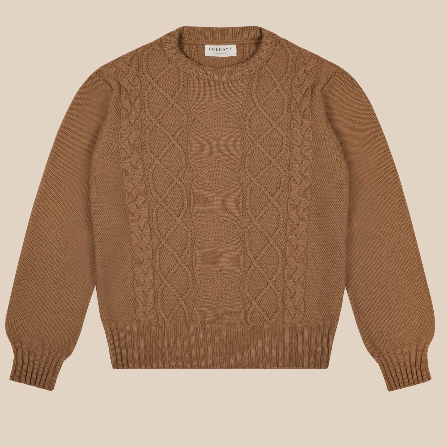 Cashmere wool chalet cable sweater in camel