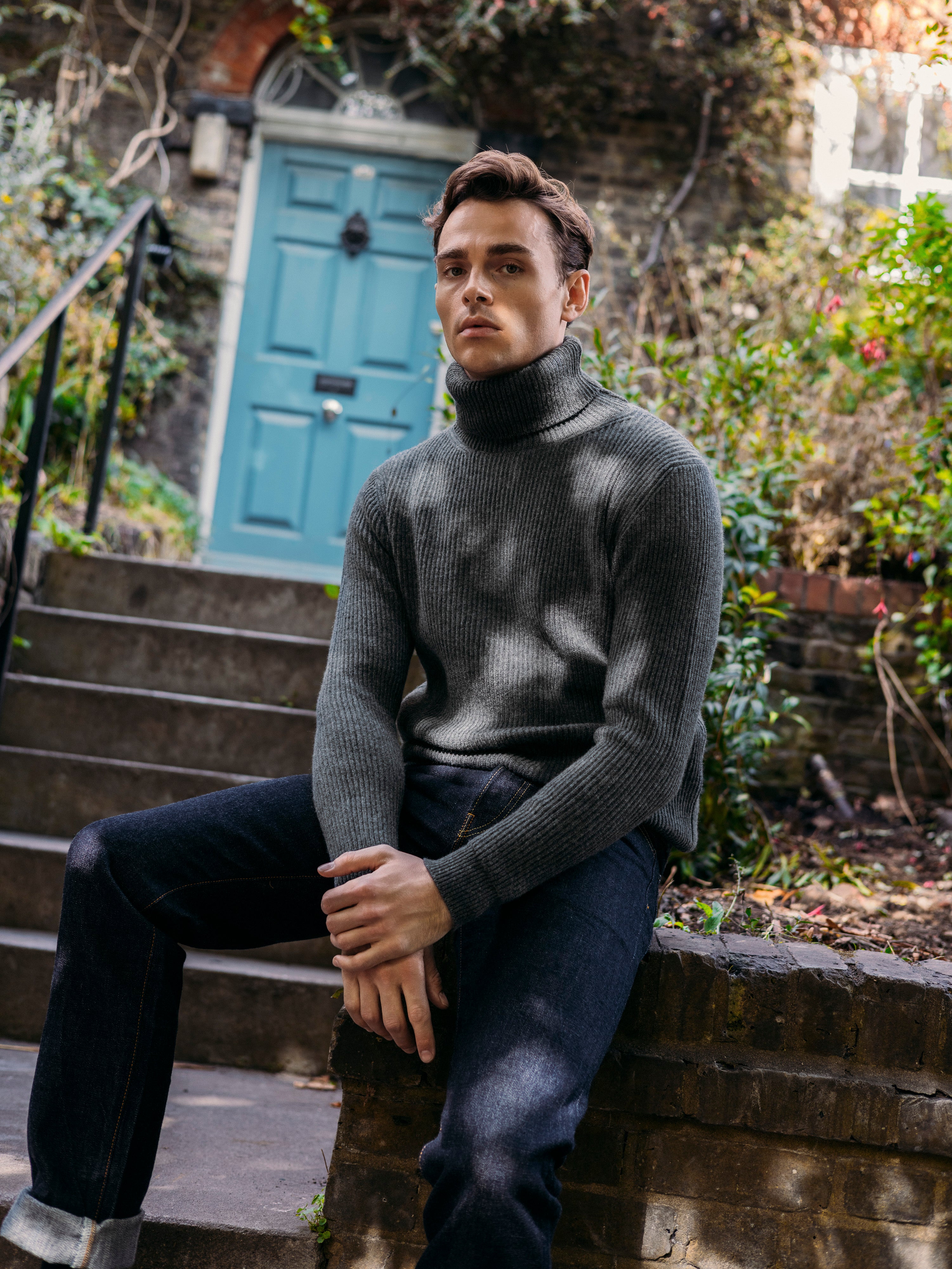 グレーメランジのカシミアリブサブマリーナーロールネック