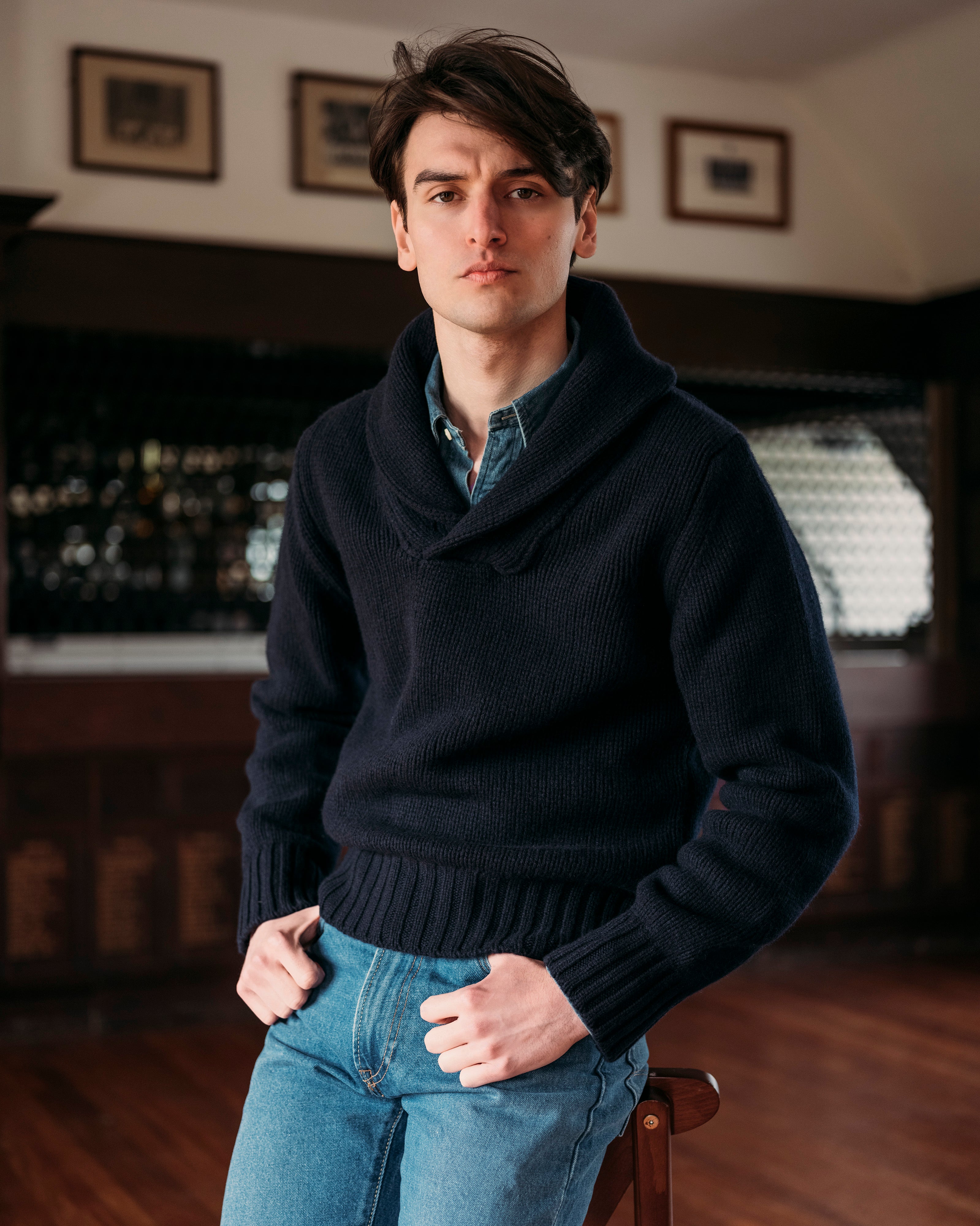 Superfine lambswool rugby shawl sweater in navy