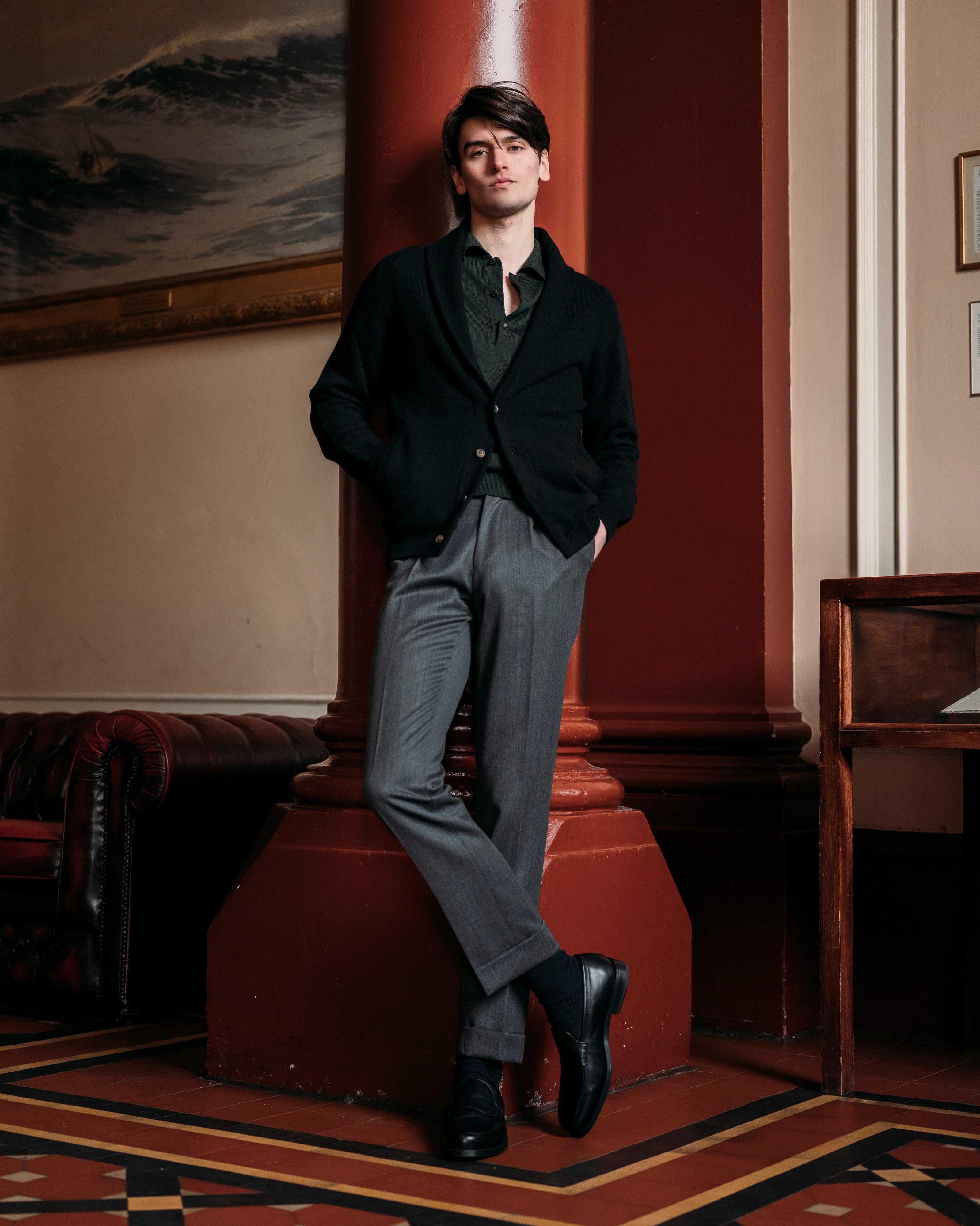 Cashmere painter's shawl collar cardigan in black