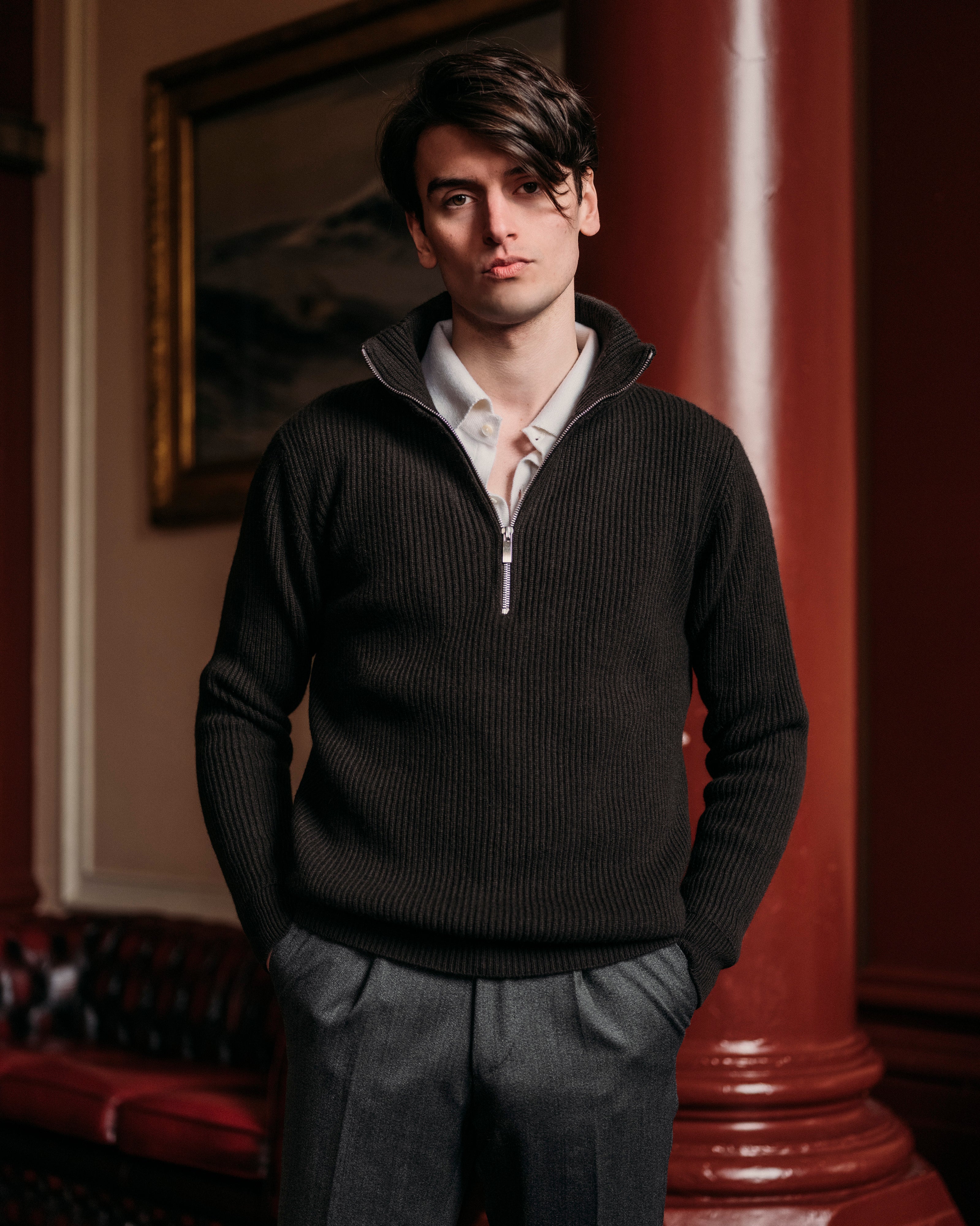 Cashmere alpine half zip sweater in dark olive