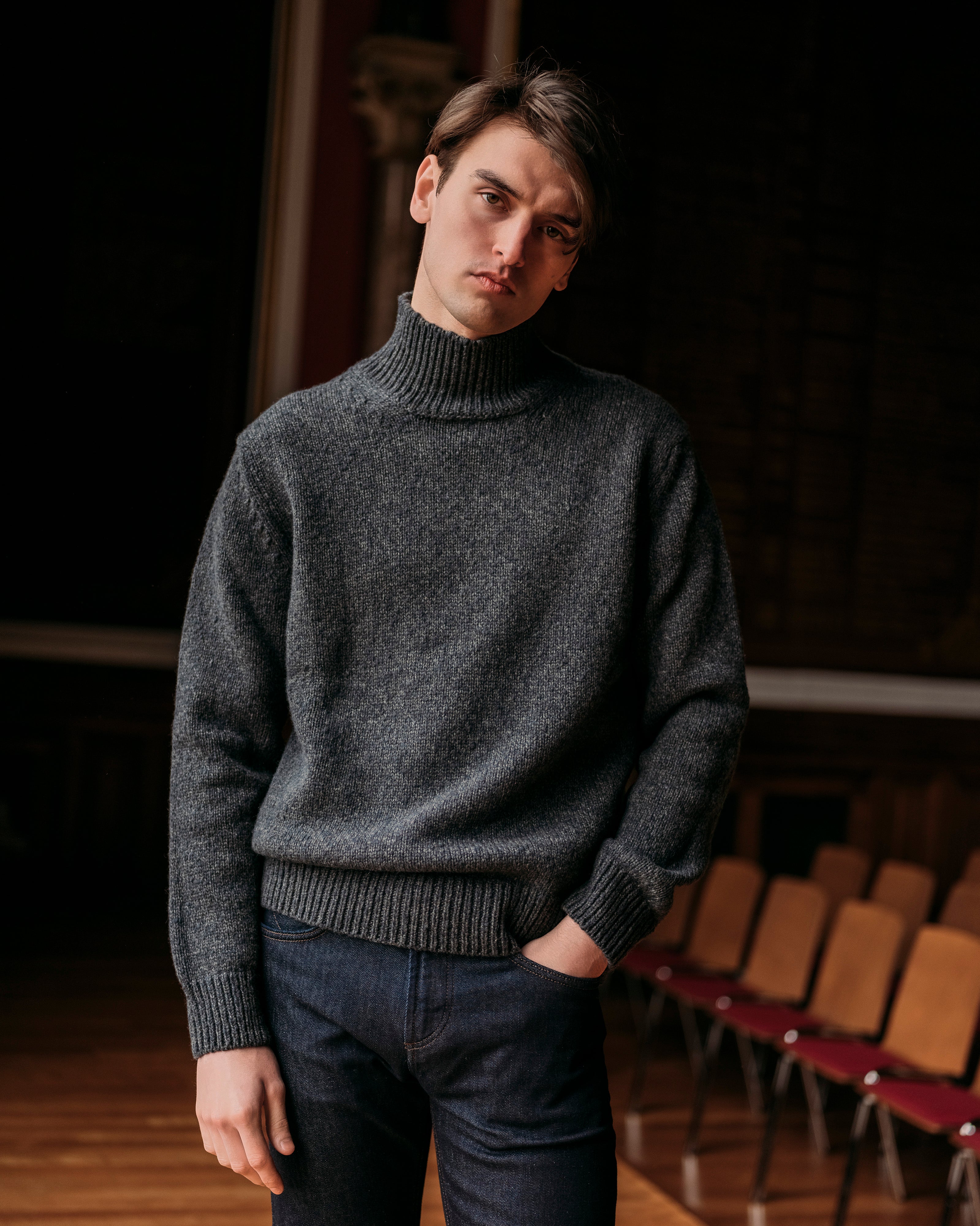 Cashmere wool captain's funnel neck sweater in charcoal
