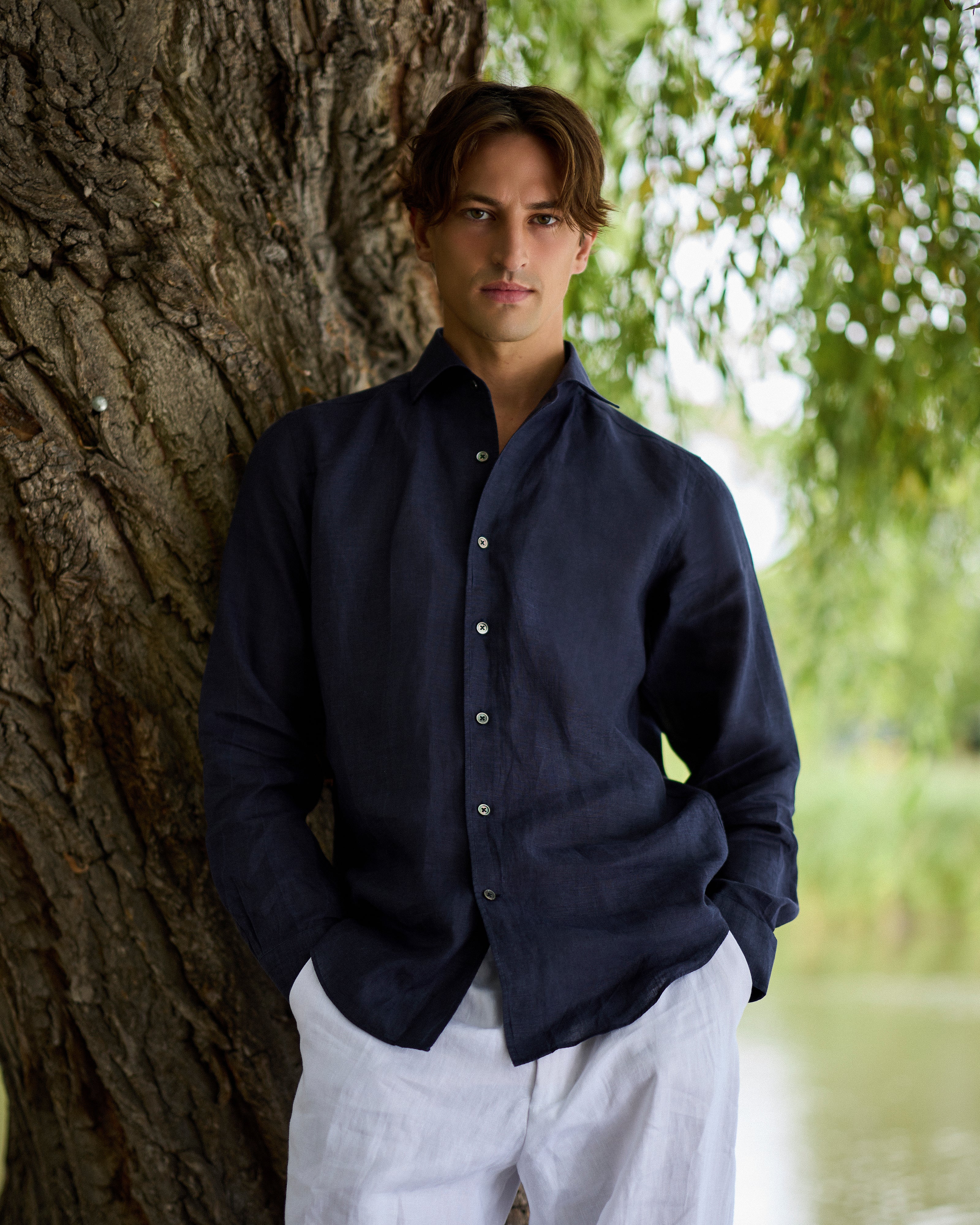 French linen one piece collar riviera shirt in navy