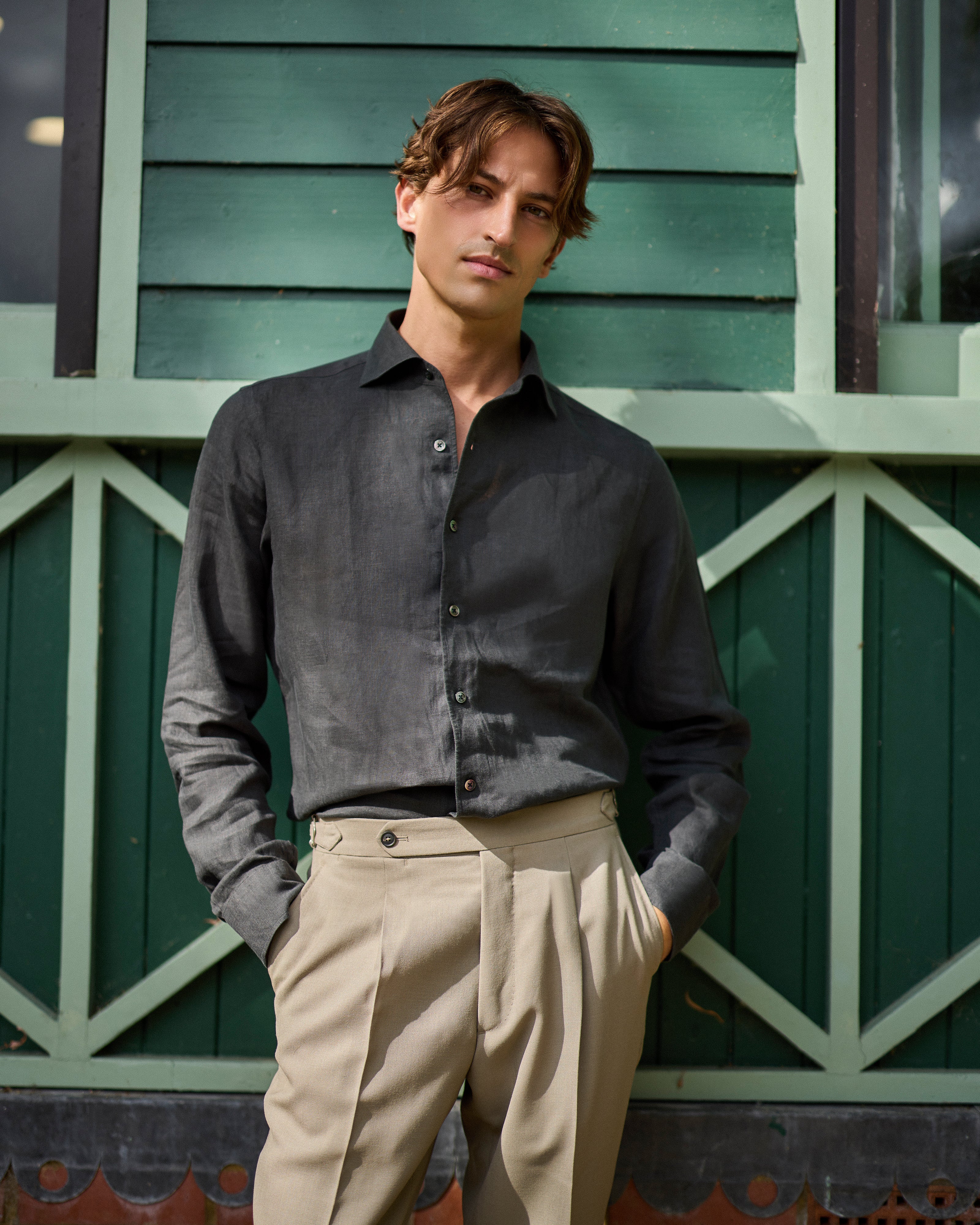 French linen one piece collar riviera shirt in dark olive