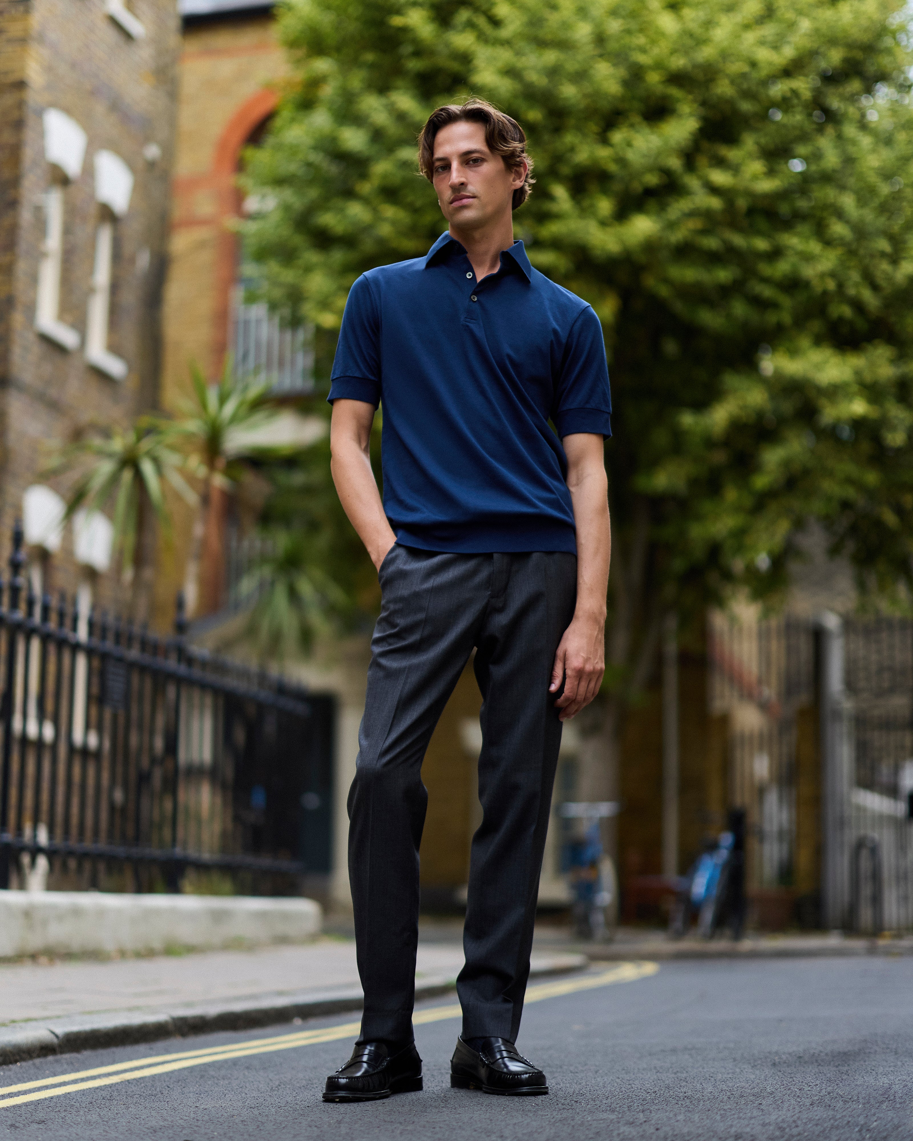 ネイビーのエクストラロングステープルコットンコーチポロ