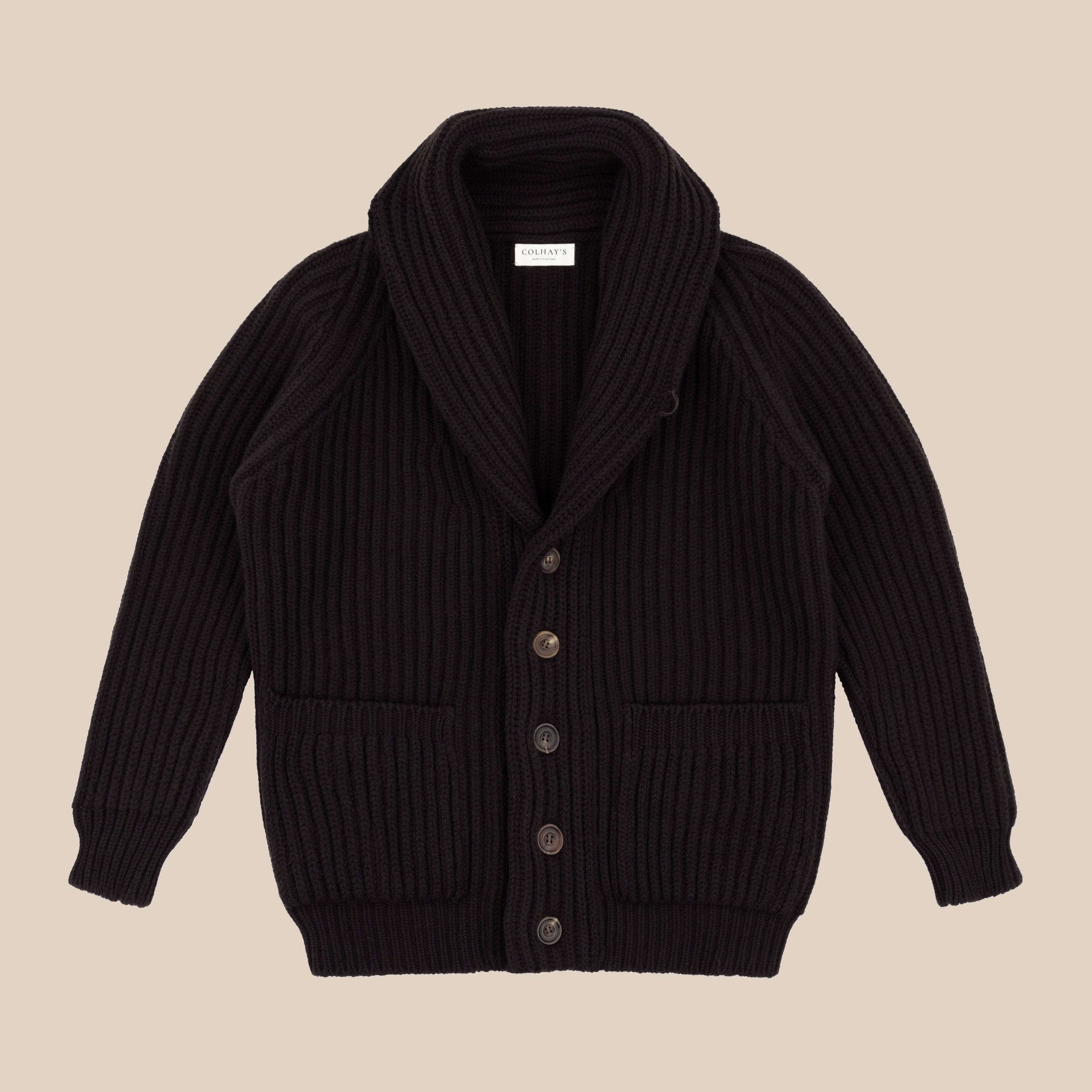 Superfine lambswool shawl collar cardigan in dark brown - Colhay's
