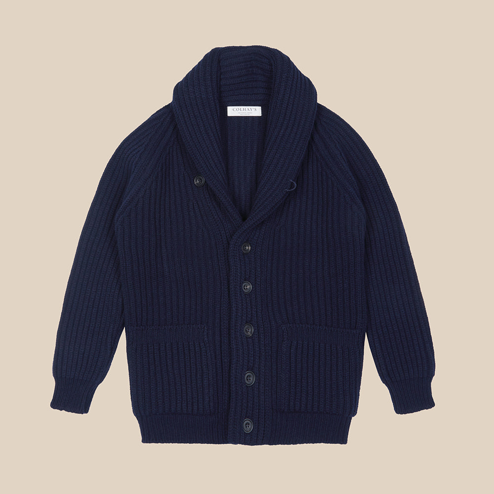 Superfine lambswool shawl collar cardigan in navy - Colhay's