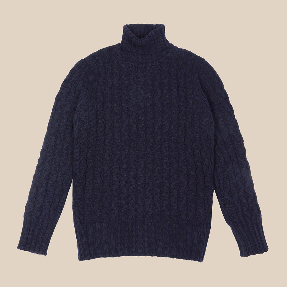 Superfine lambswool fisherman cable rollneck in navy - Colhay's