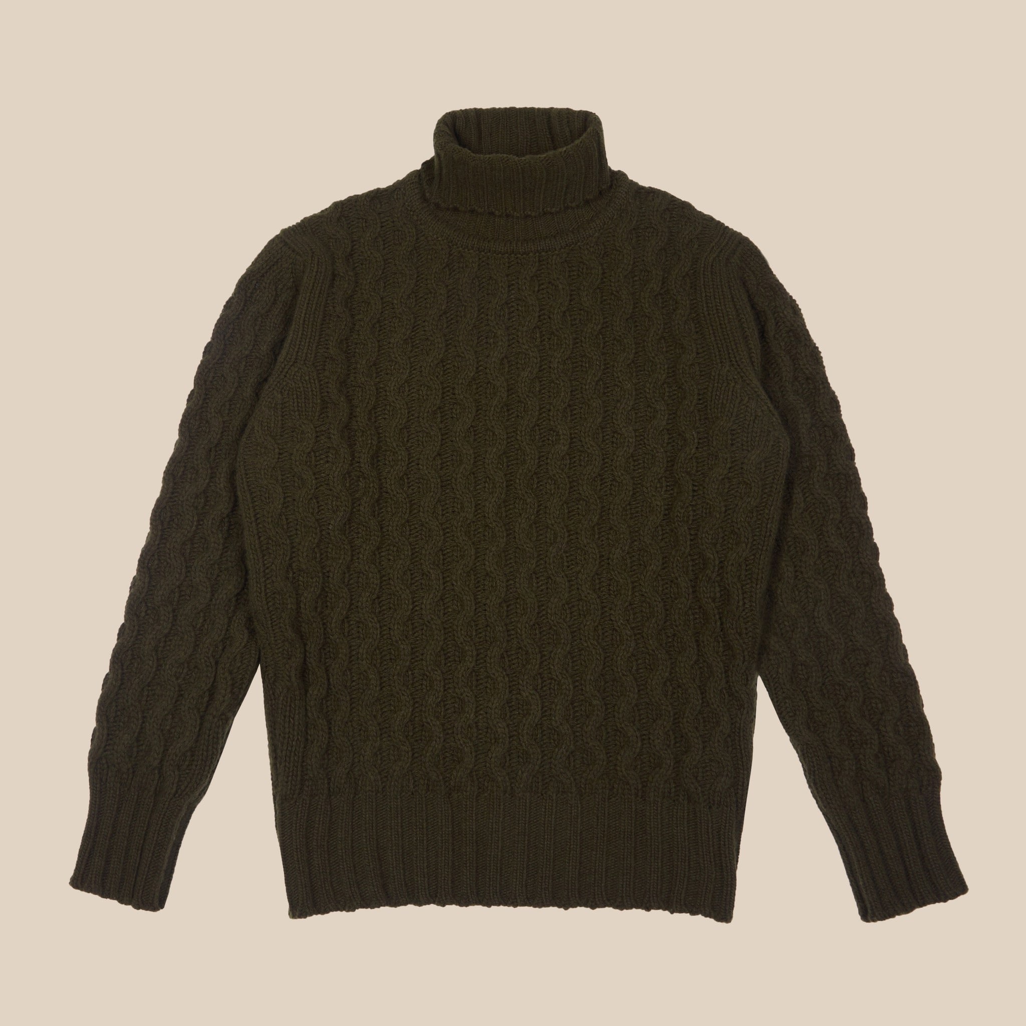 Superfine lambswool fisherman cable rollneck in olive - Colhay's