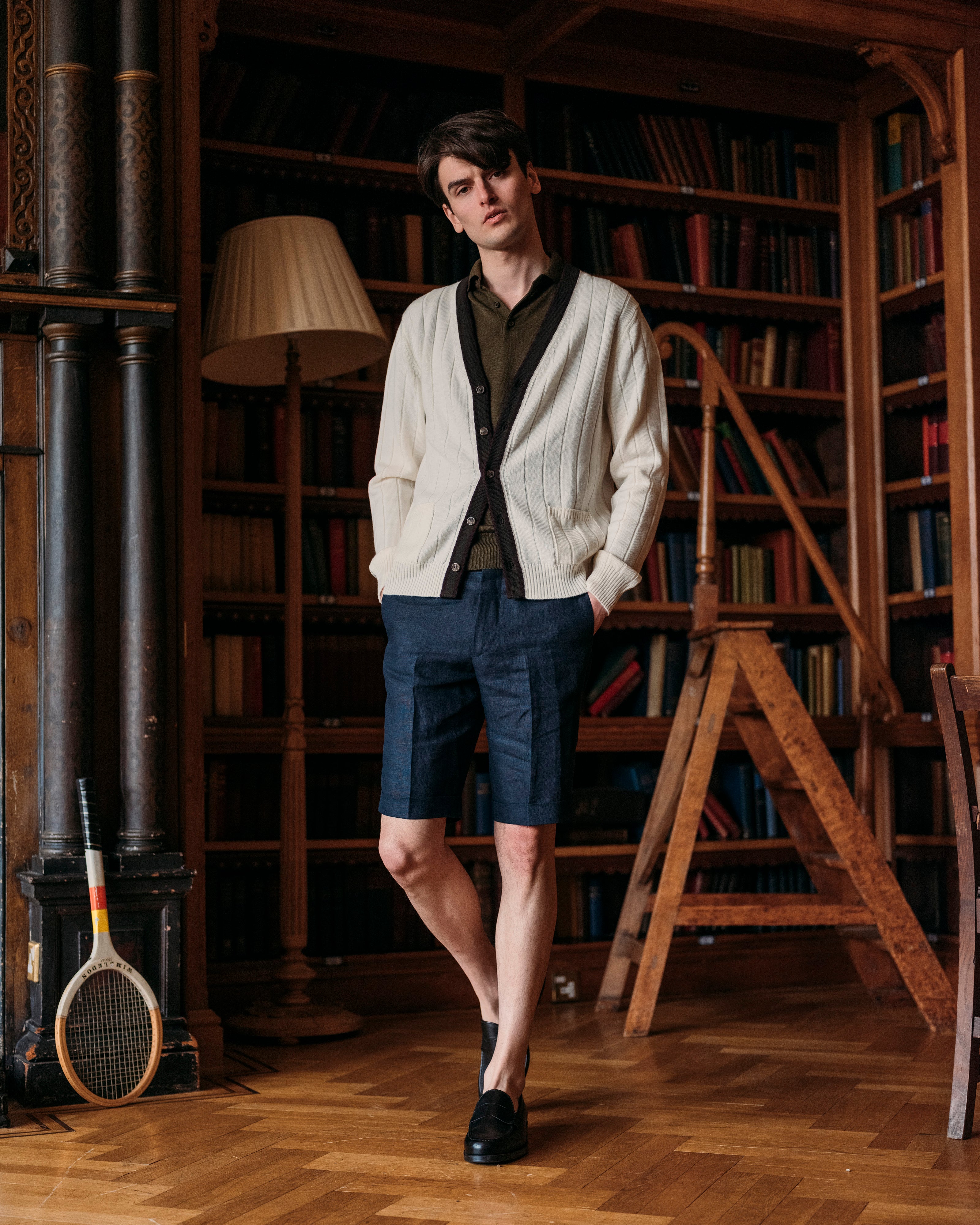 クリームパープルとグリーンのメリノクラブカーディガン