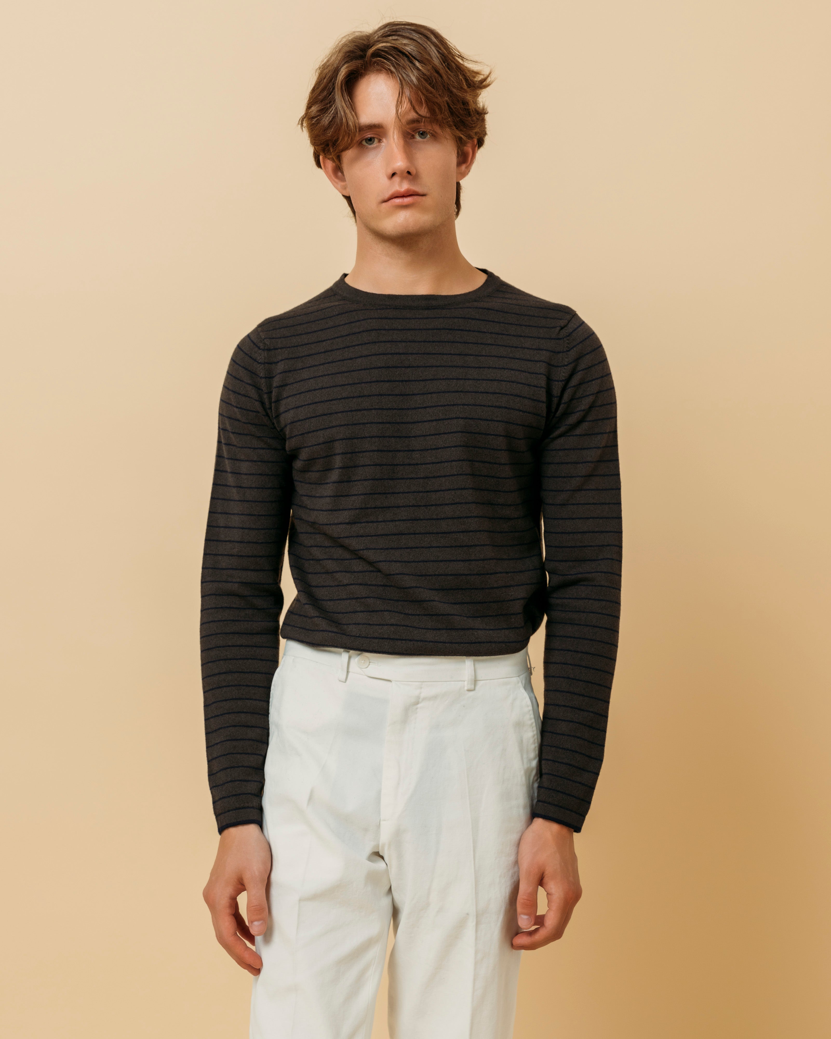 Cashmere cotton breton stripe sweater in olive and navy