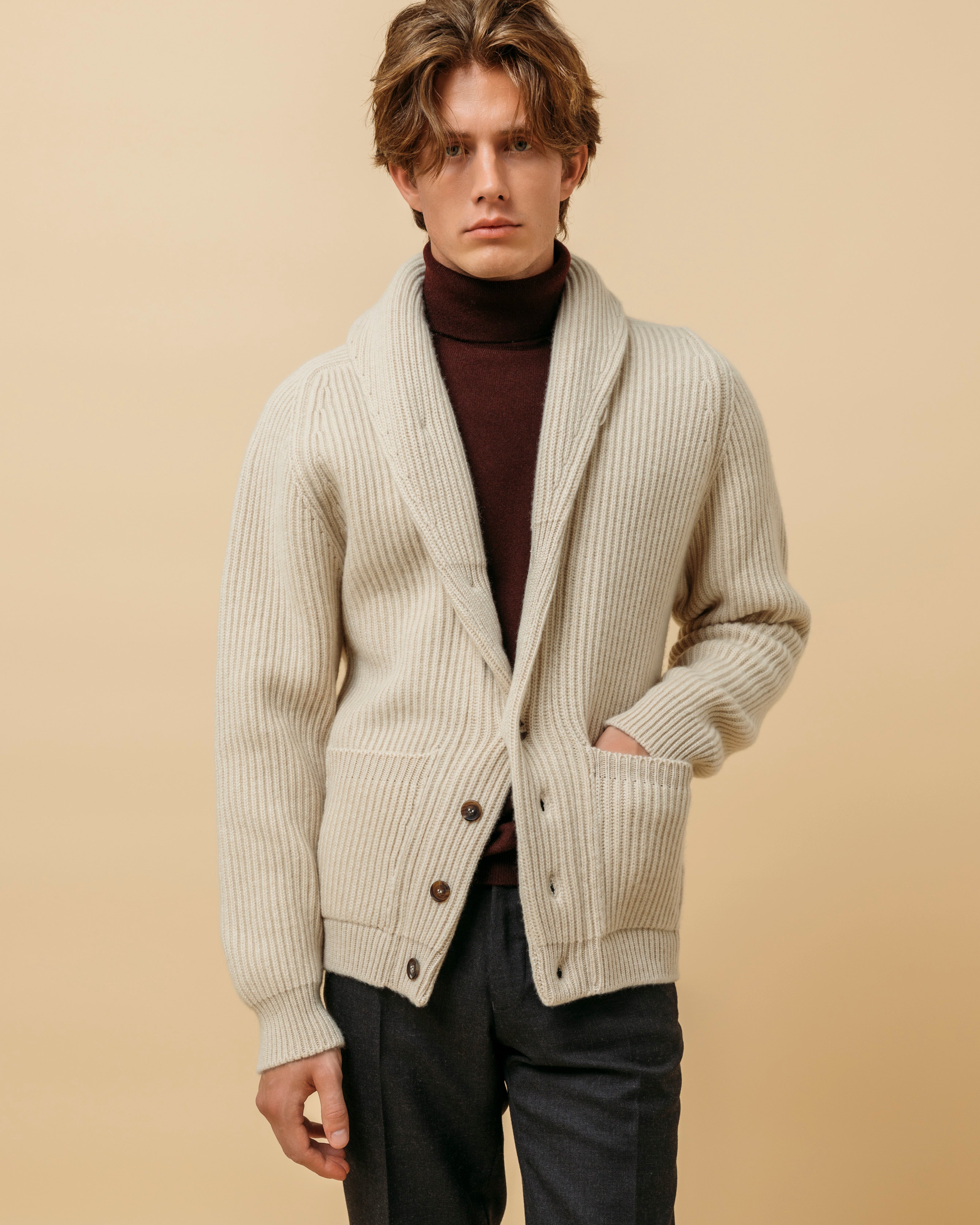 Cashmere shawl collar cardigan in ecru