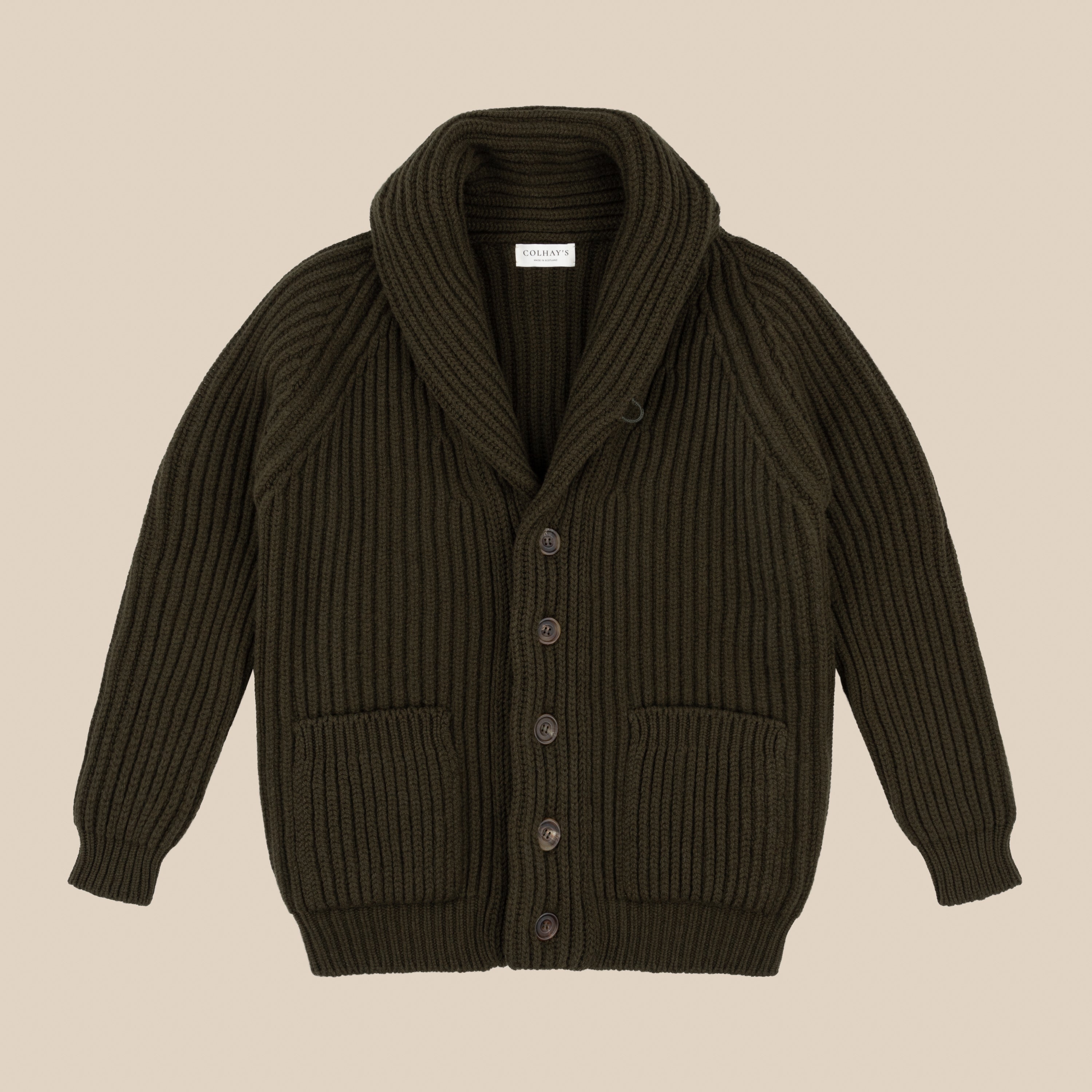 Superfine lambswool shawl collar cardigan in olive - Colhay's