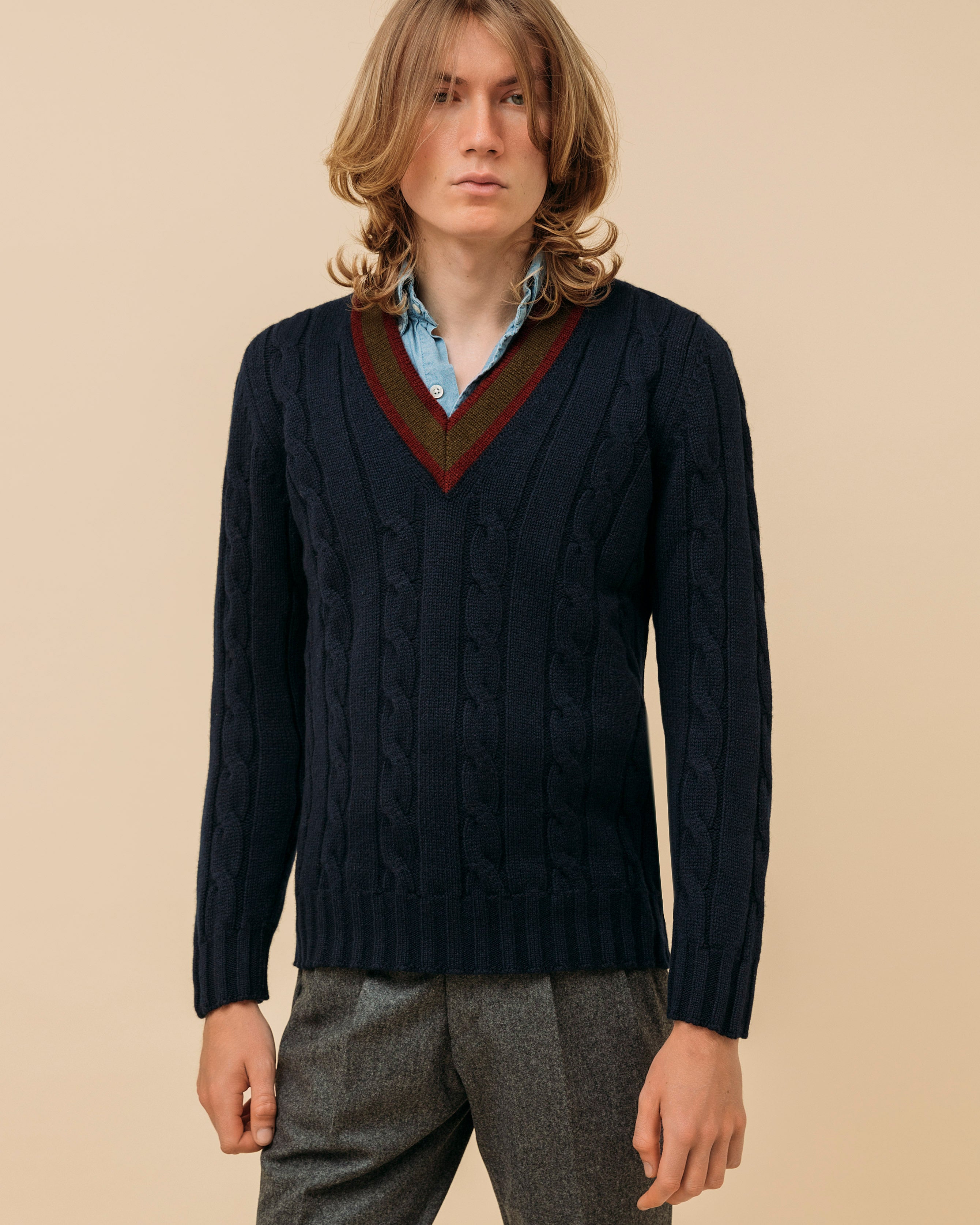 極細ラムウールのクリケットセーター(ネイビー、バーガンディ、オリーブ)