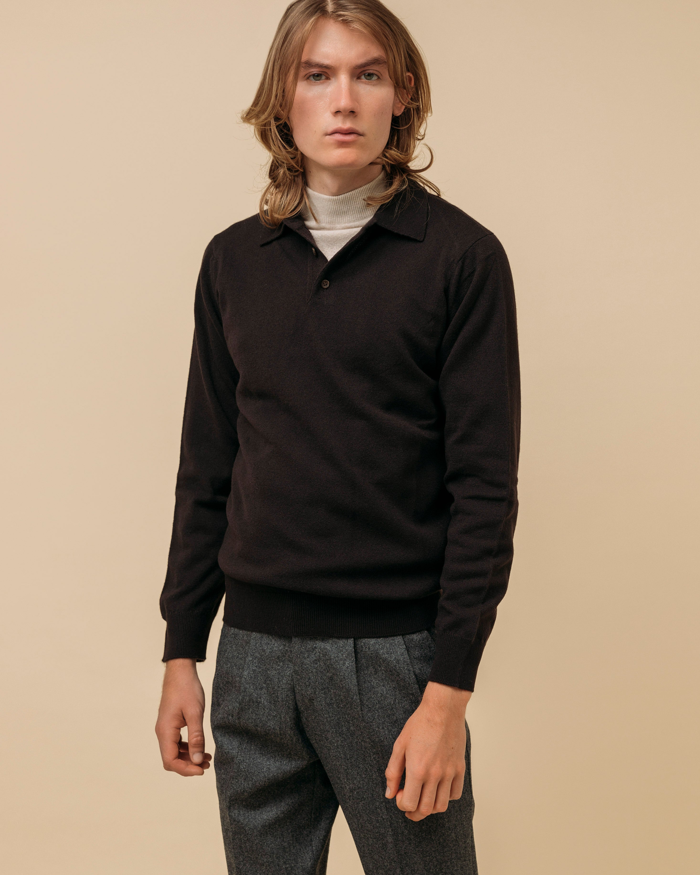 Cashmere polo shirt in dark brown