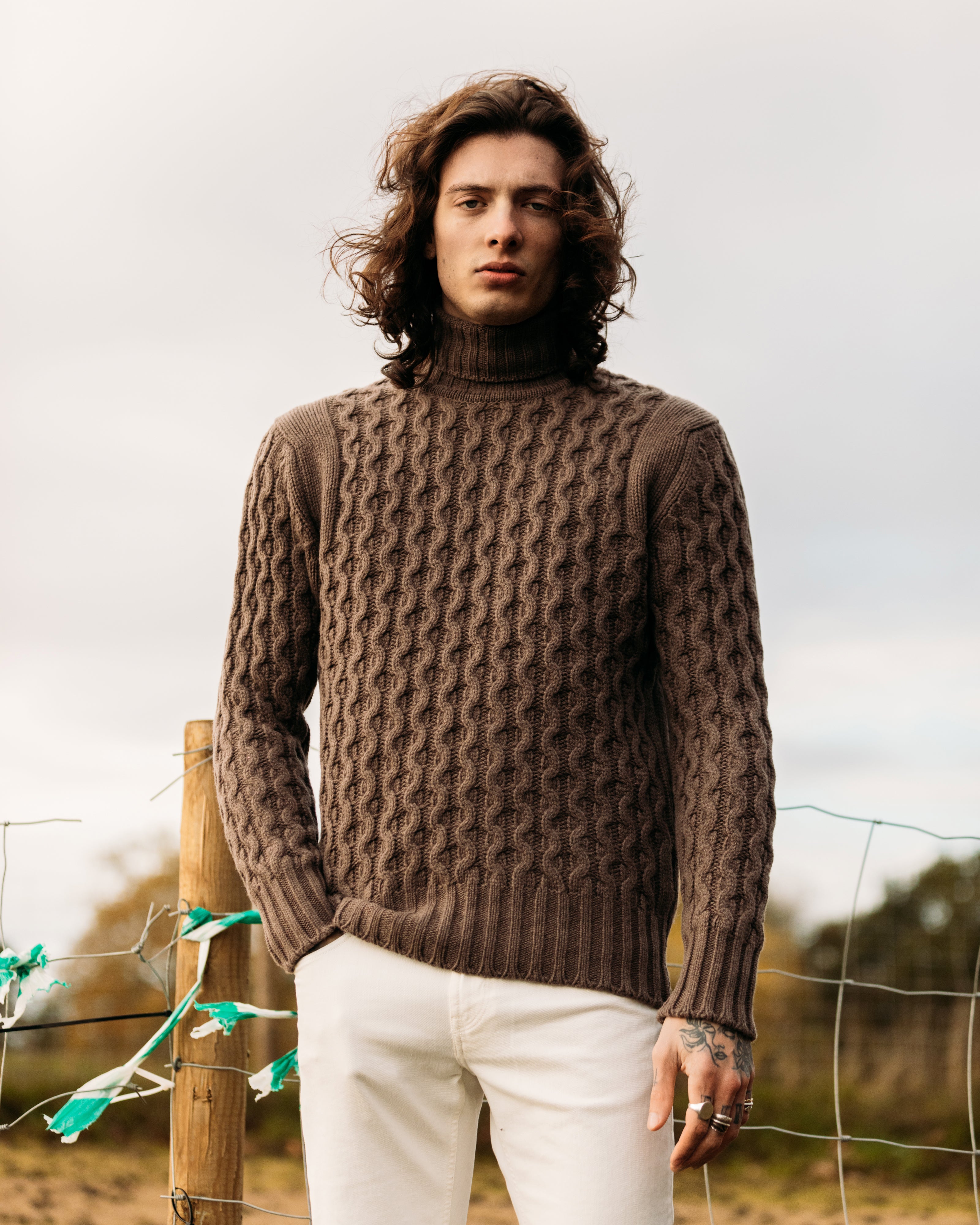 Superfine lambswool fisherman cable rollneck in tobacco brown - Colhay's