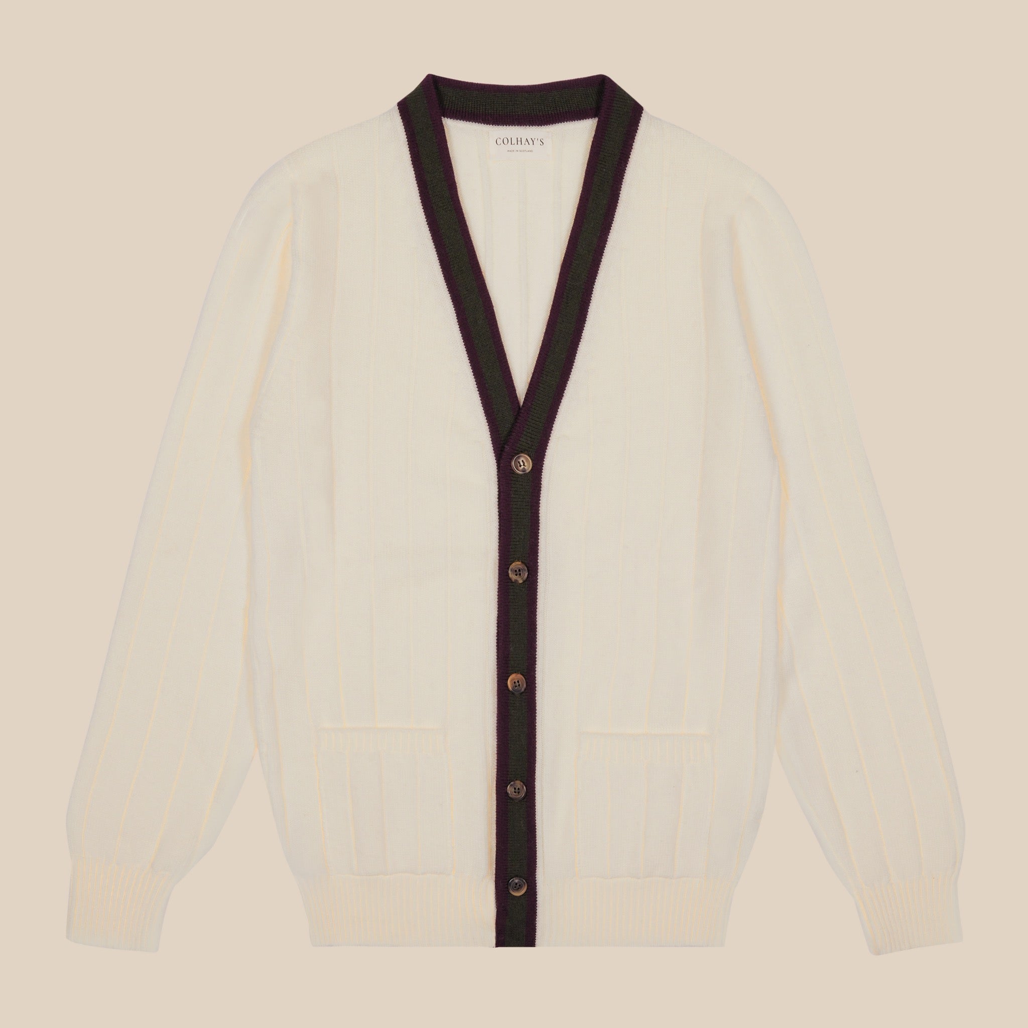 クリームパープルとグリーンのメリノクラブカーディガン