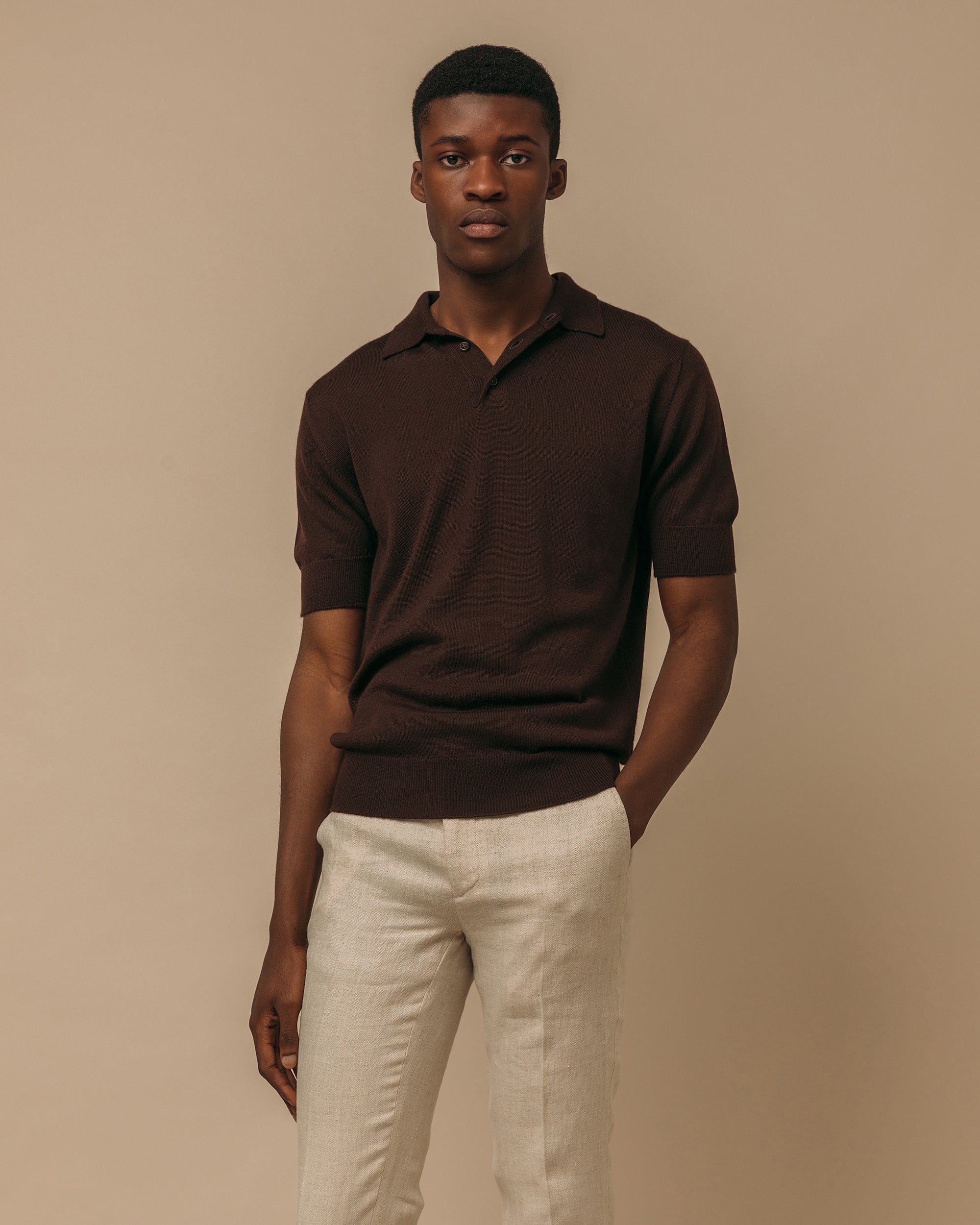 Cashmere silk tennis polo in dark brown - Colhay's