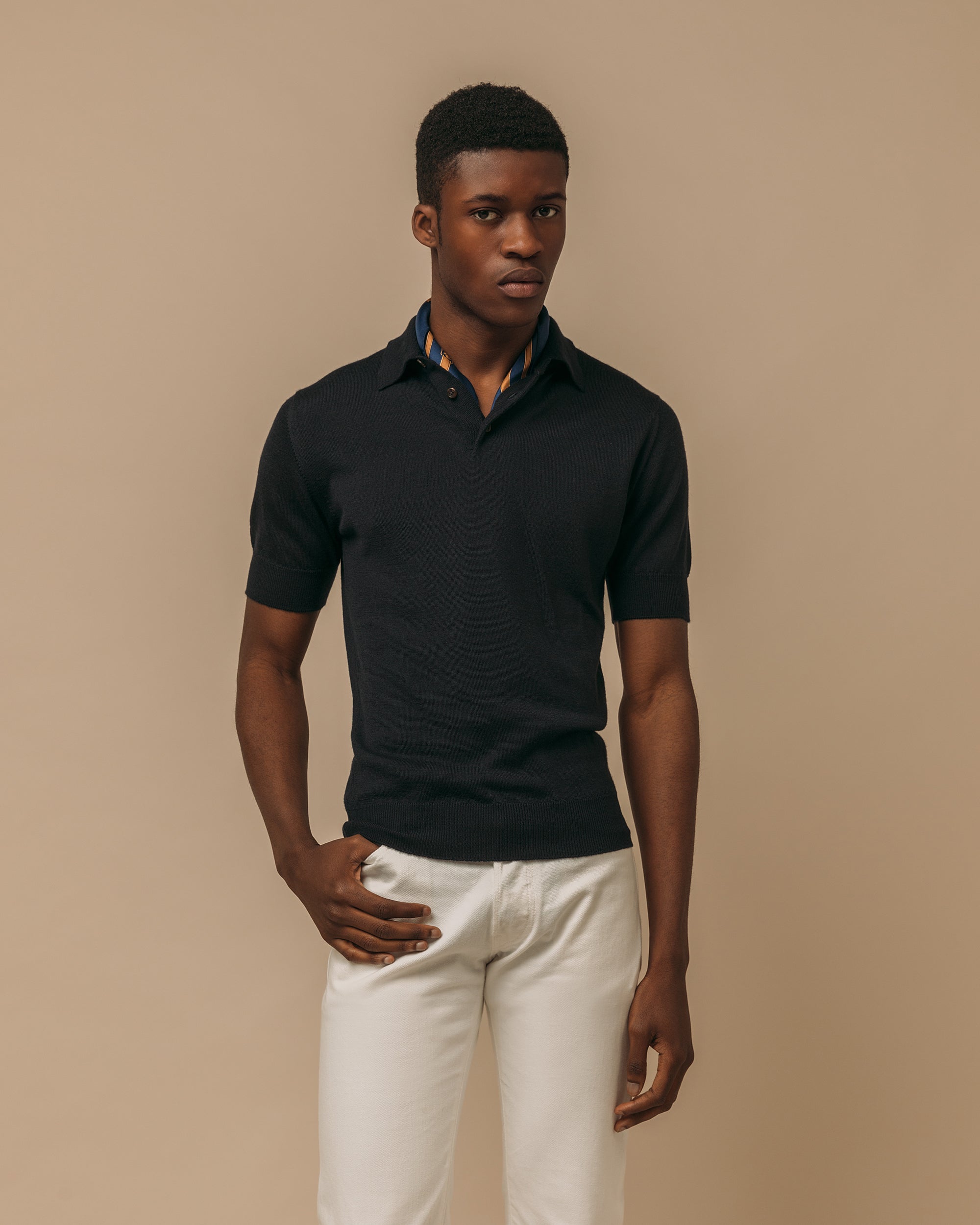 Cashmere silk tennis polo in navy - Colhay's
