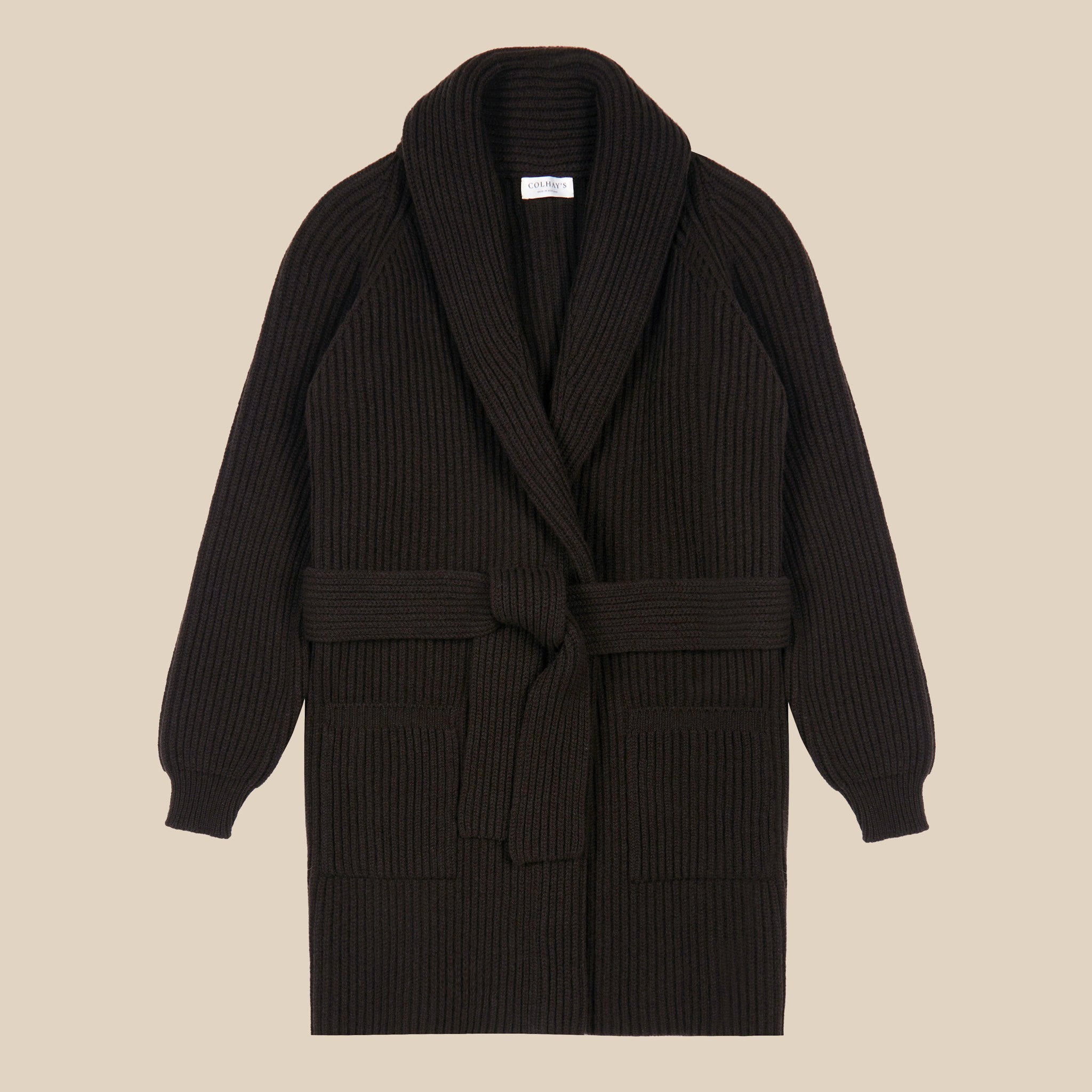 ダークブラウンの極細ラムウールショールコート