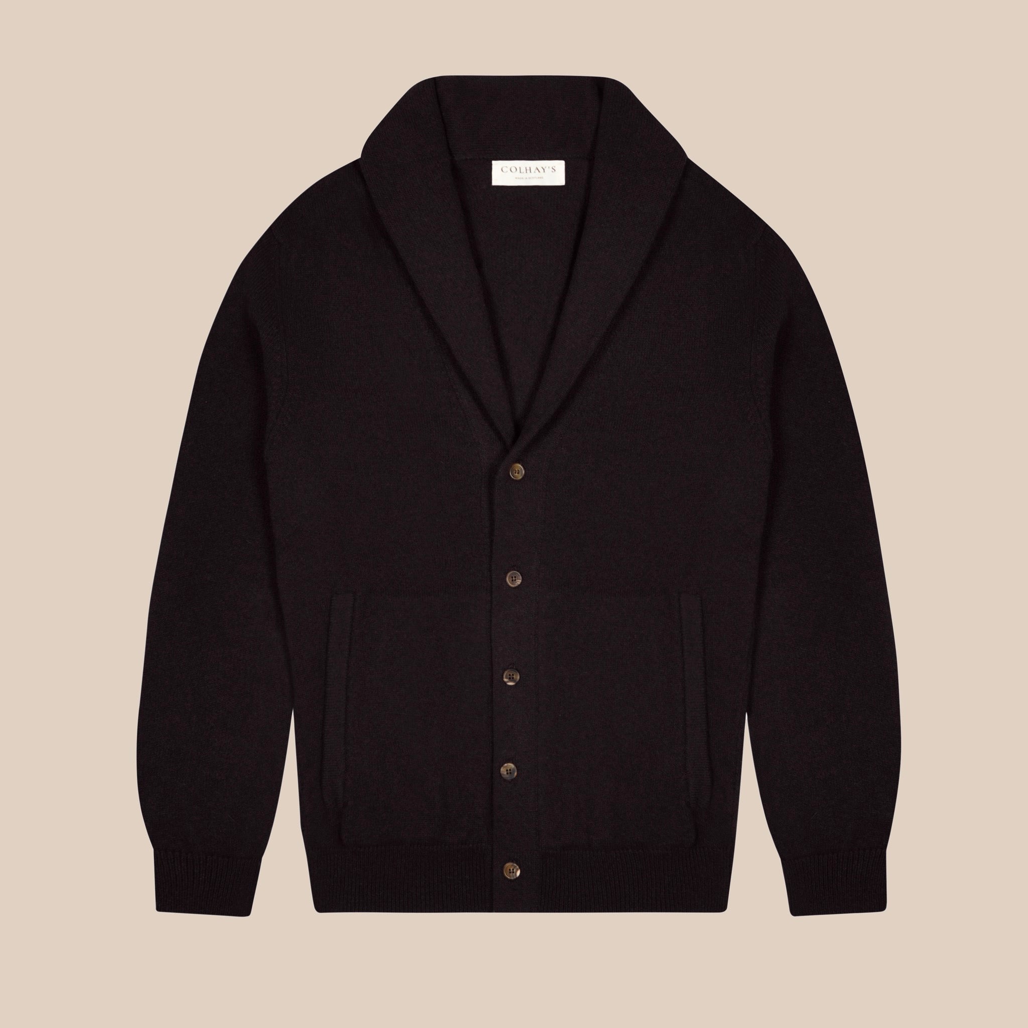 Cashmere painter's shawl collar cardigan in dark brown