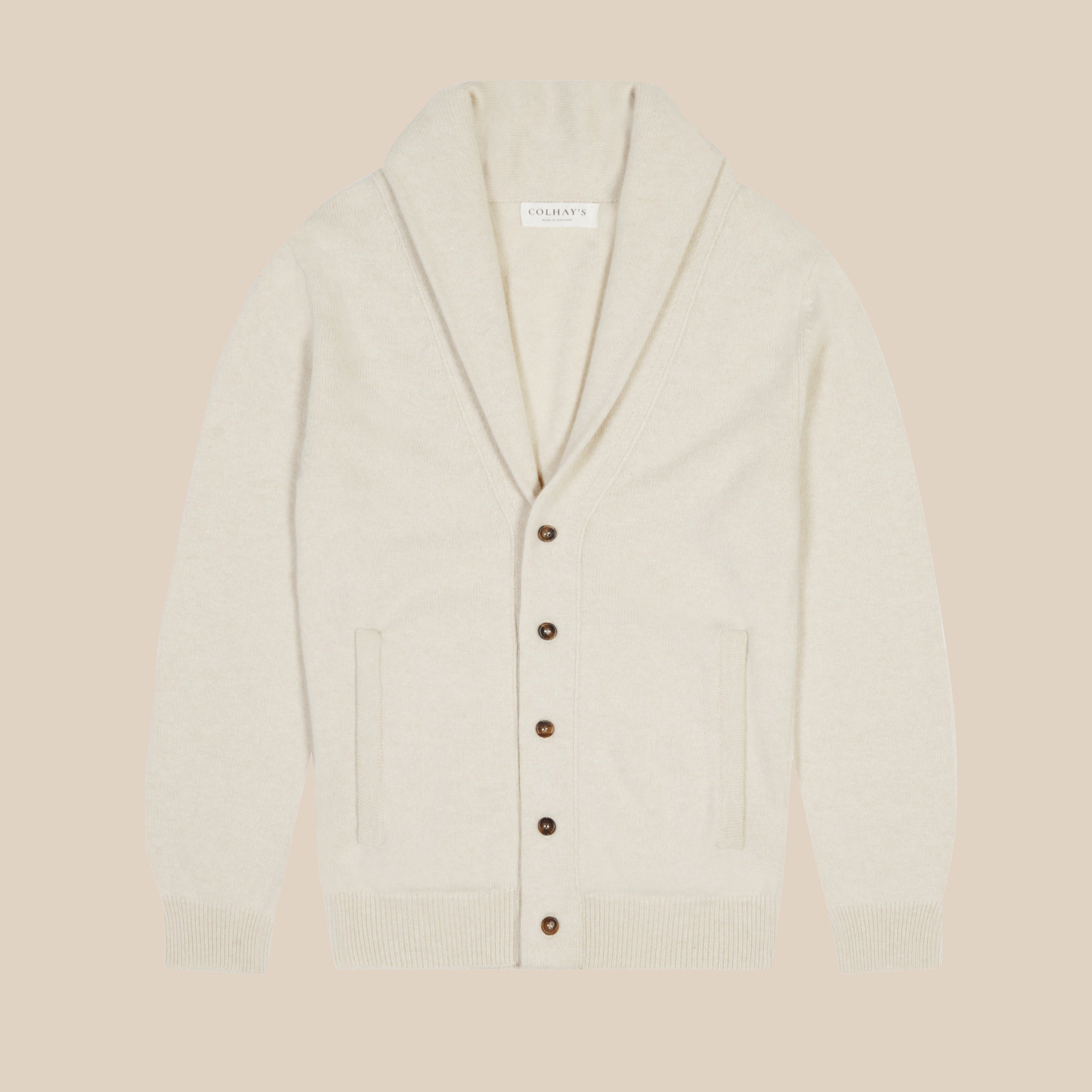 Cashmere painter's shawl collar cardigan in ecru