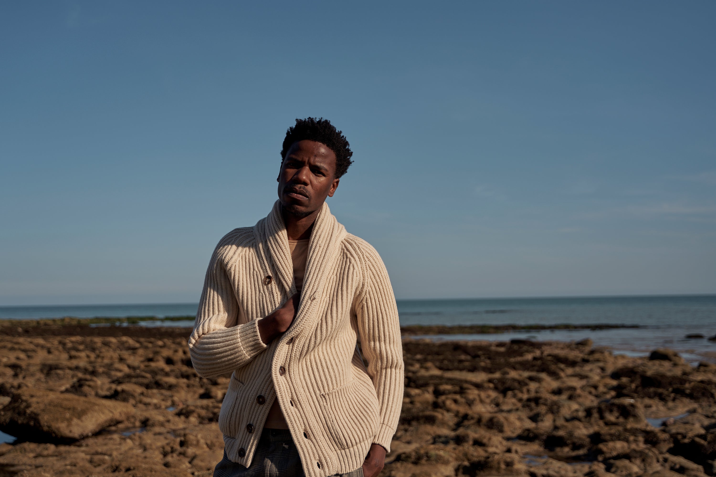 Superfine lambswool shawl collar cardigan in ecru