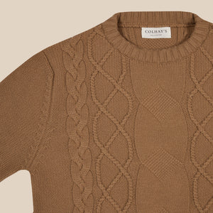 Cashmere wool chalet cable sweater in camel