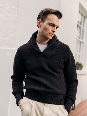 Superfine lambswool rugby shawl sweater in dark brown