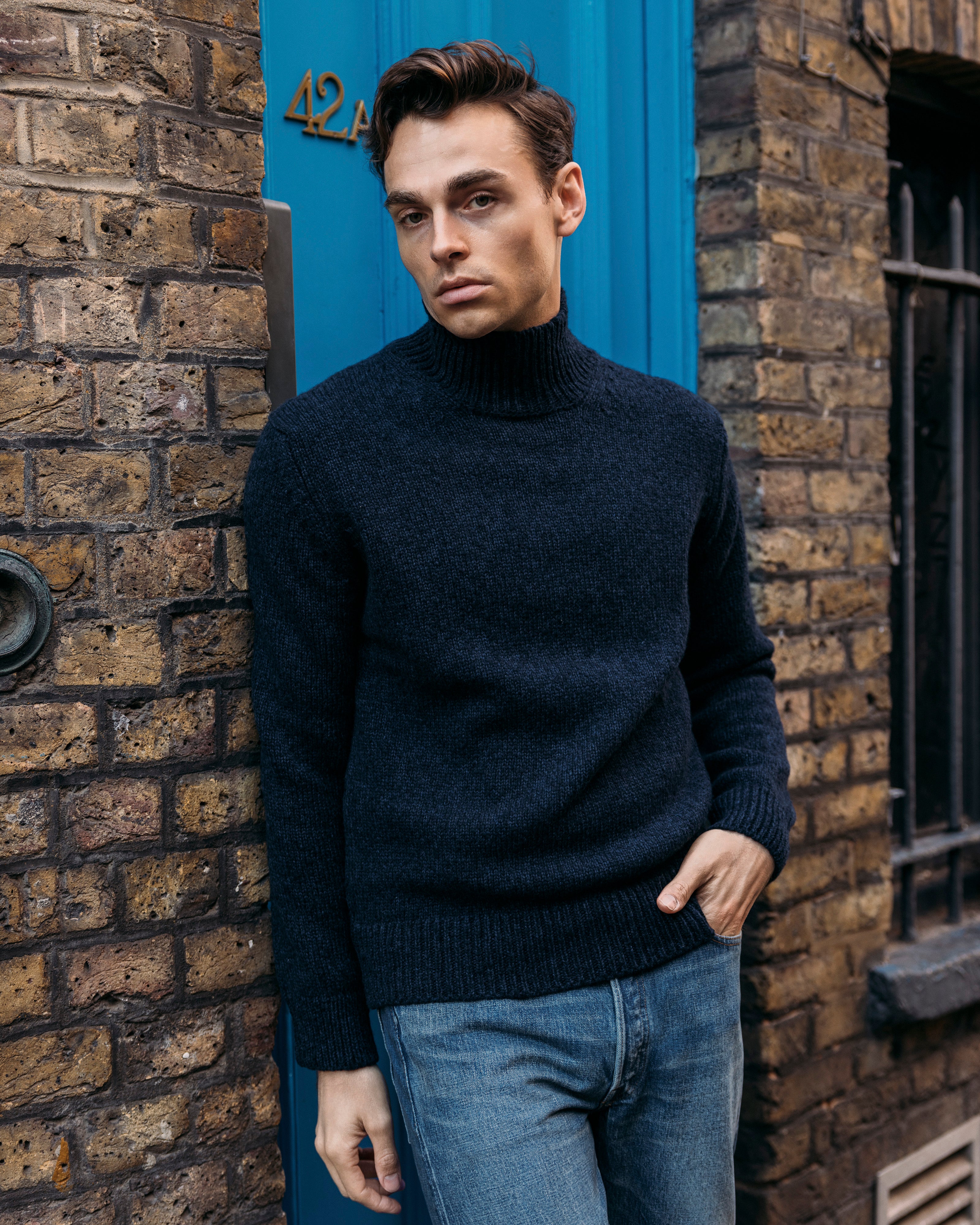 Cashmere wool captain's funnel neck sweater in navy