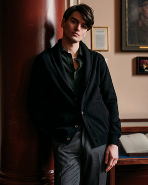 Cashmere painter's shawl collar cardigan in black