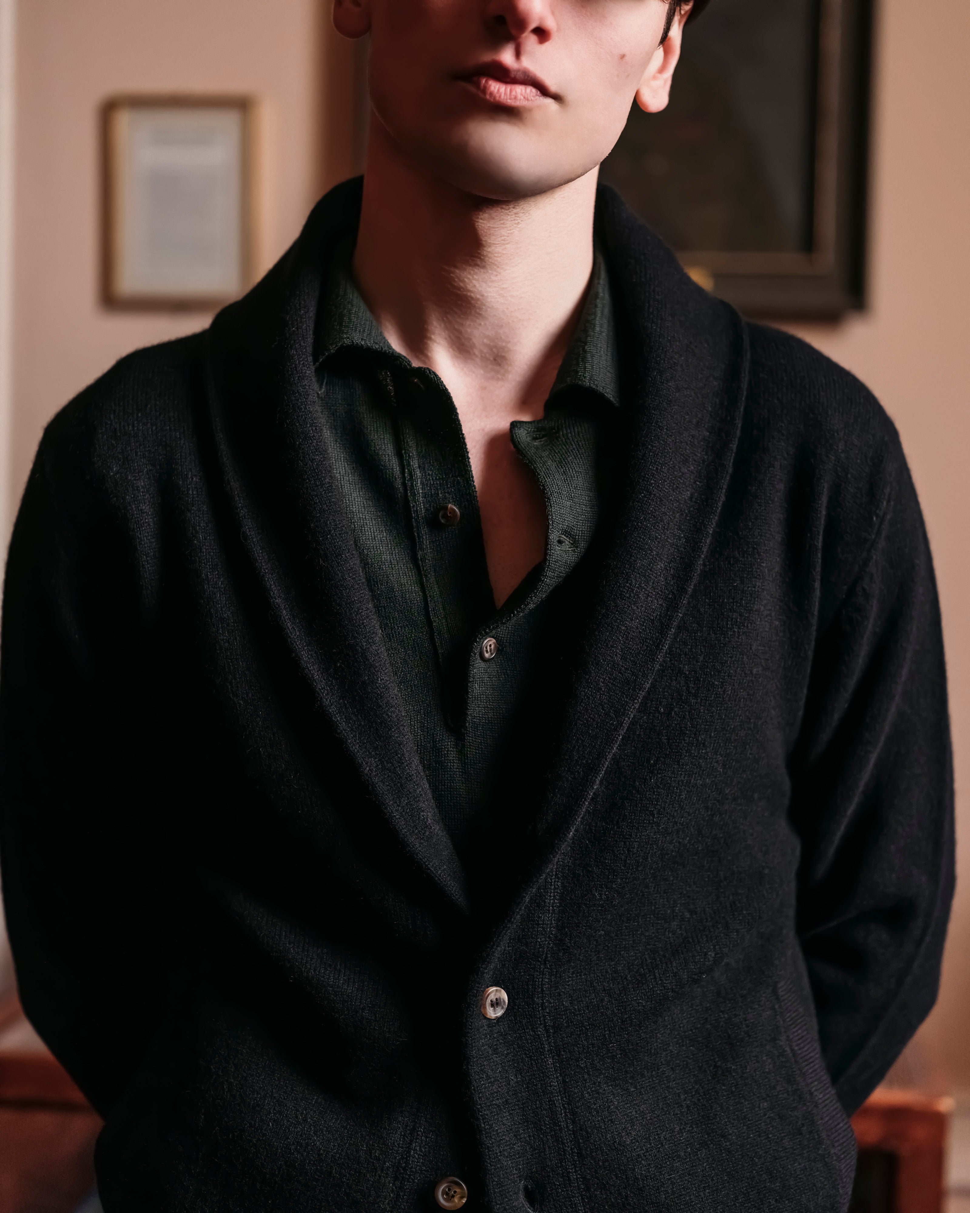 Cashmere painter's shawl collar cardigan in black