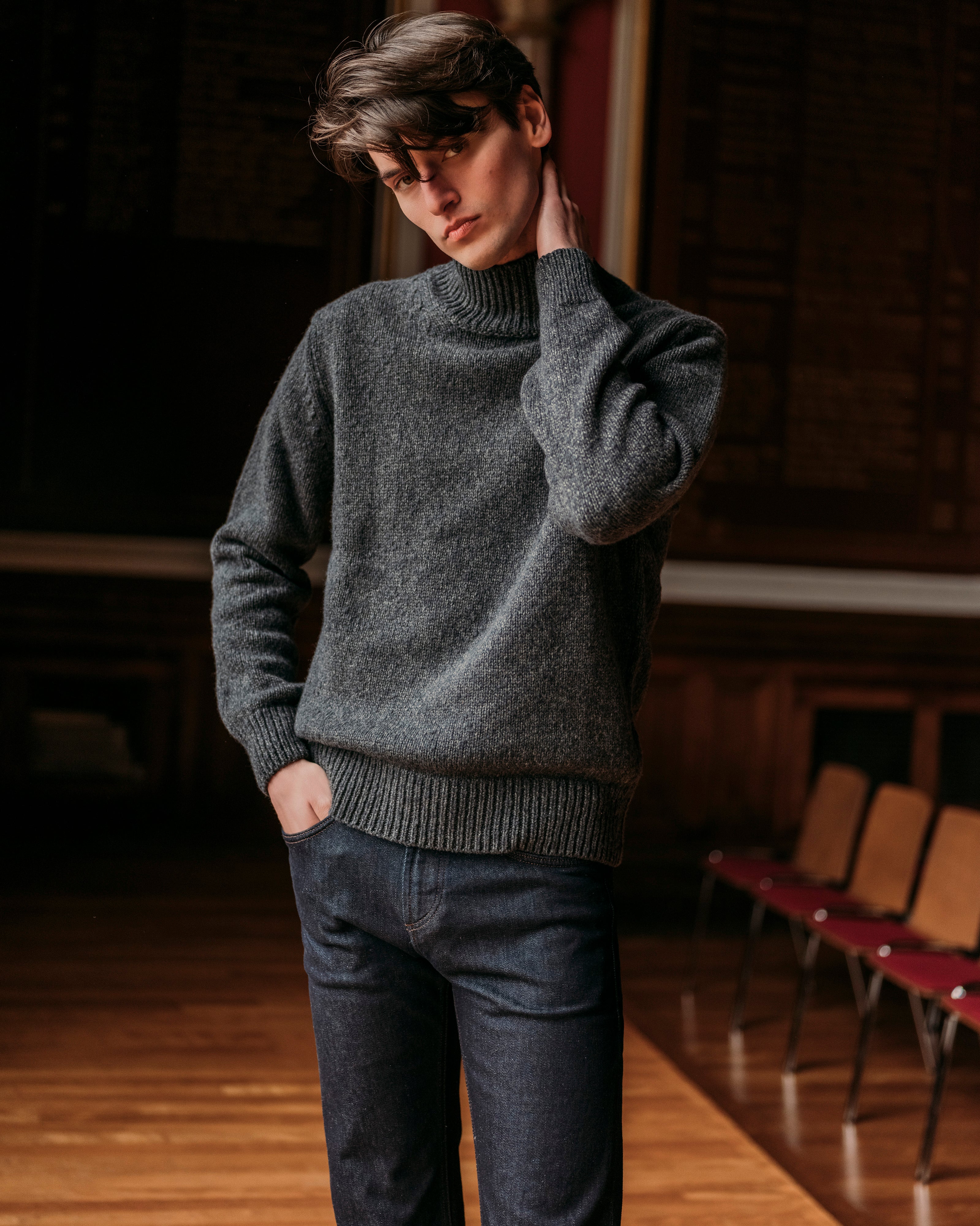 Cashmere wool captain's funnel neck sweater in charcoal
