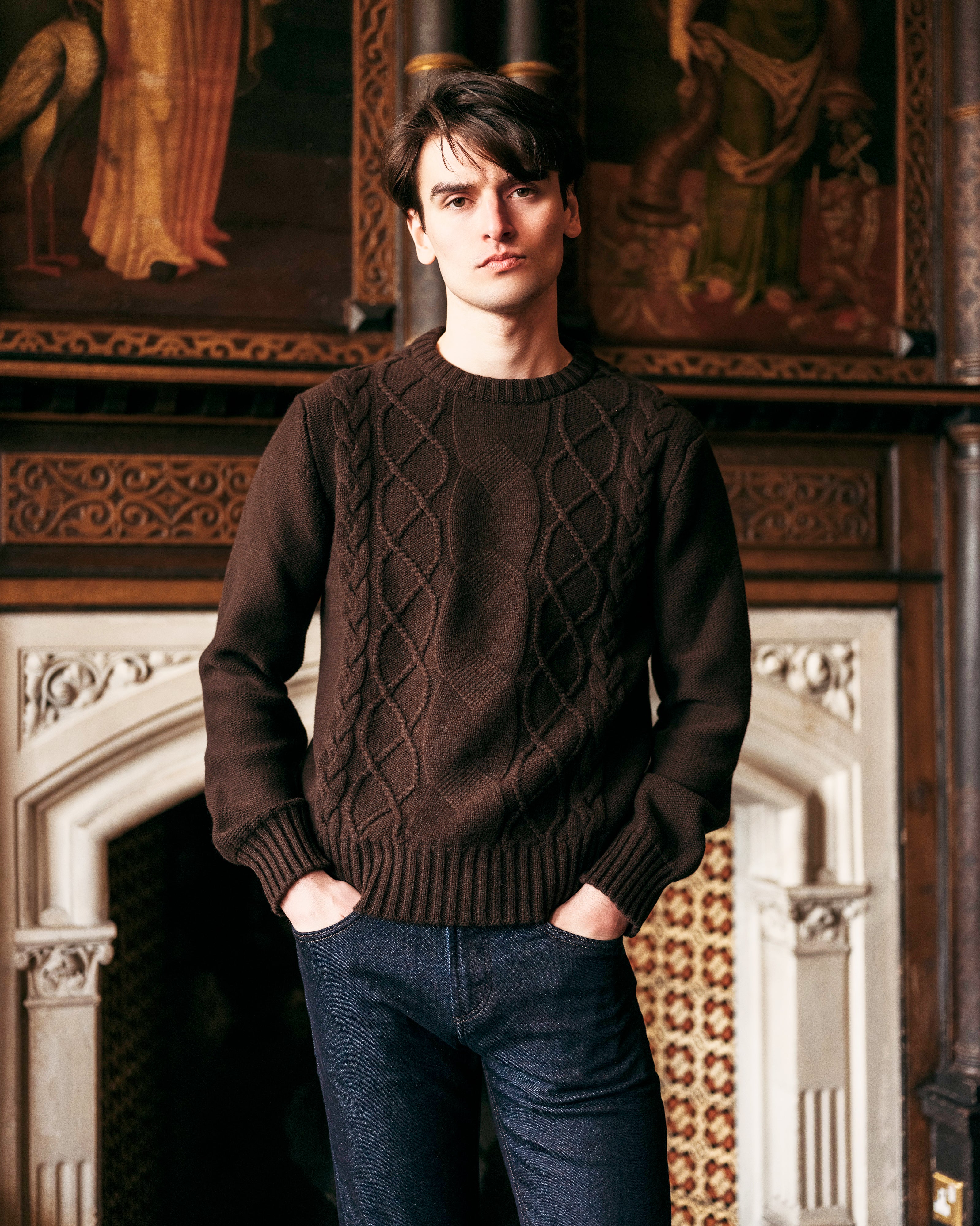 Cashmere wool chalet cable sweater in dark brown