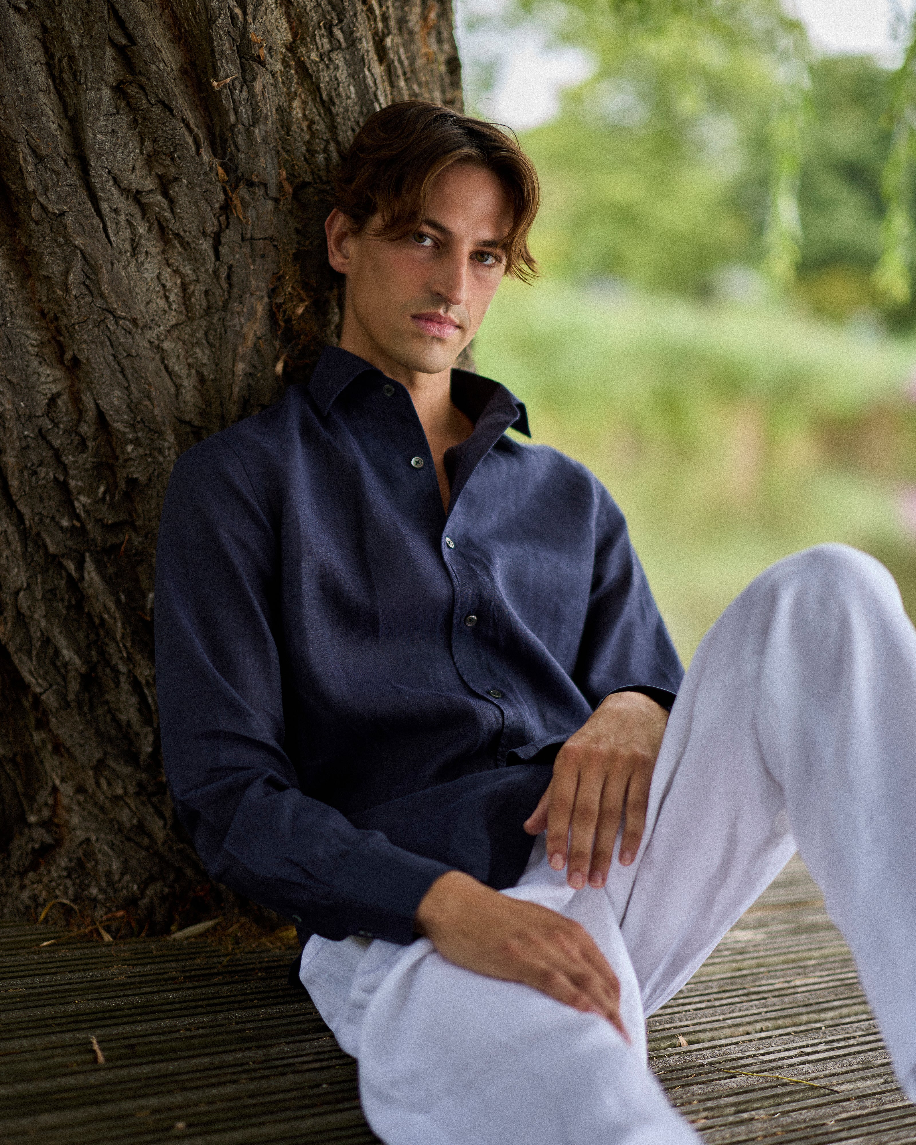 French linen one piece collar riviera shirt in navy