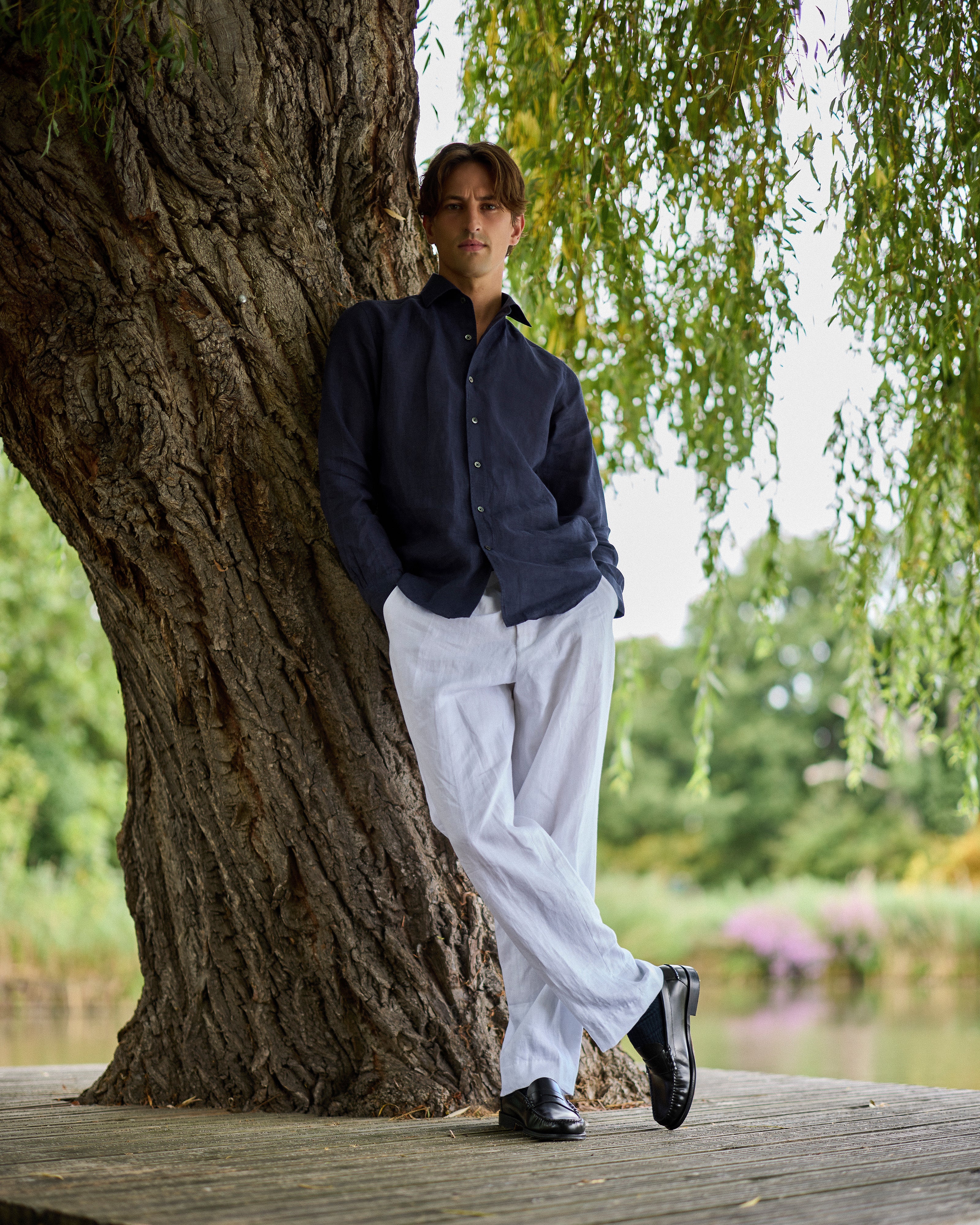 French linen one piece collar riviera shirt in navy