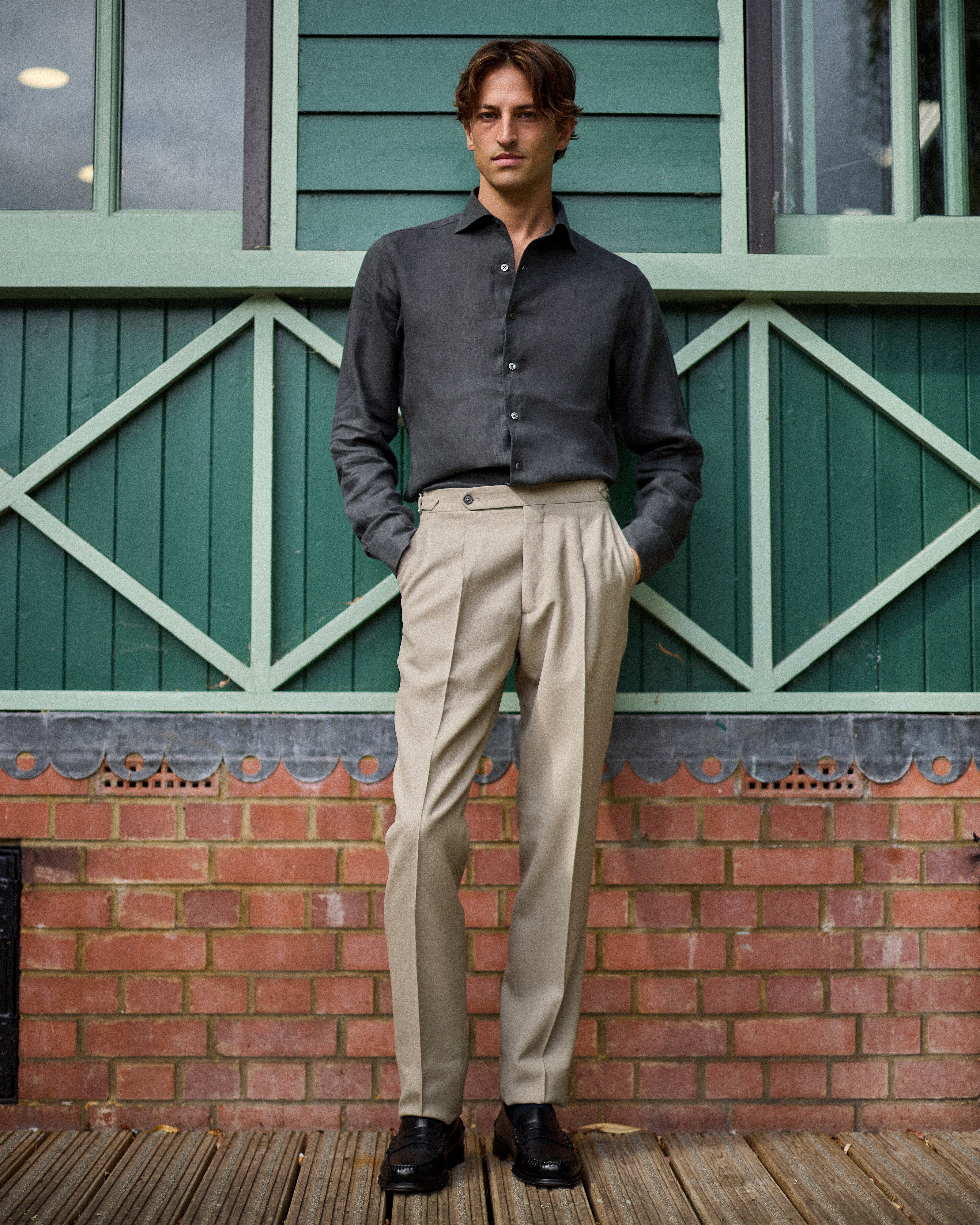 French linen one piece collar riviera shirt in dark olive
