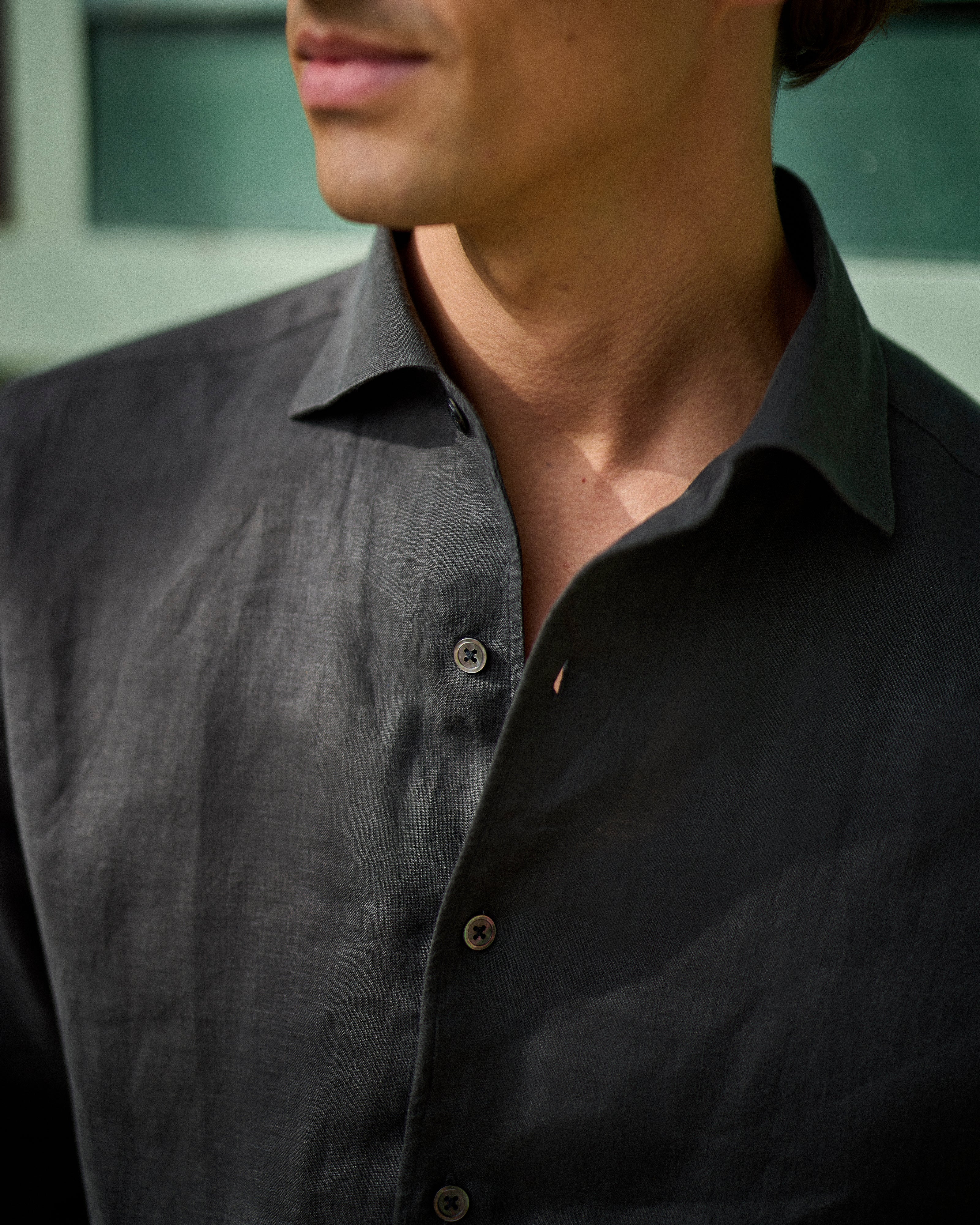 French linen one piece collar riviera shirt in dark olive
