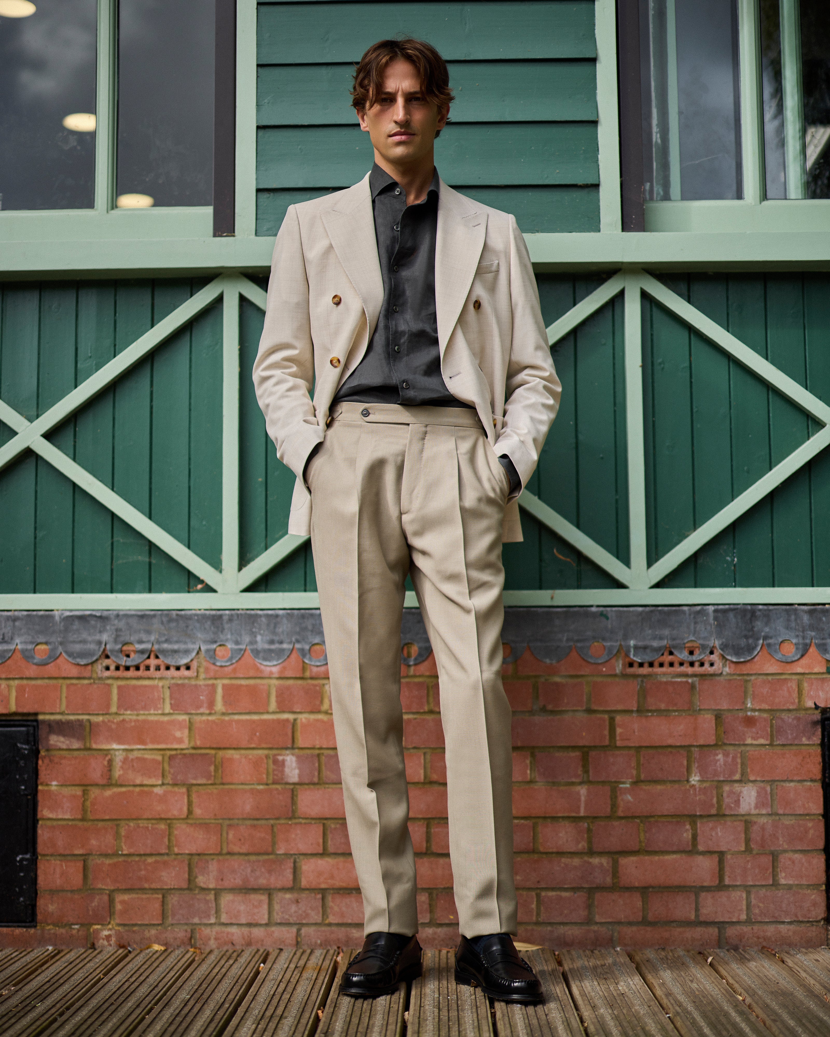 French linen one piece collar riviera shirt in dark olive
