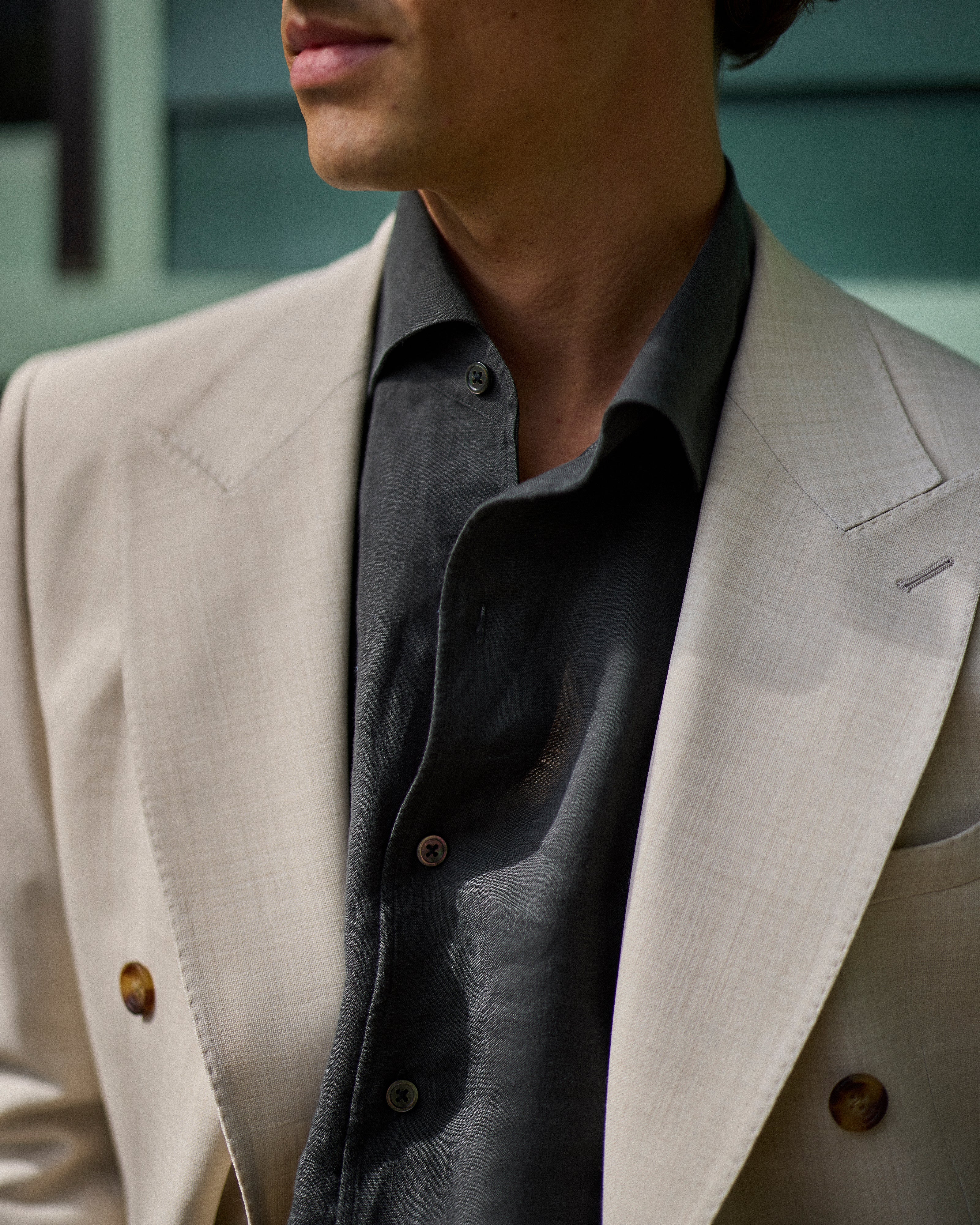 French linen one piece collar riviera shirt in dark olive