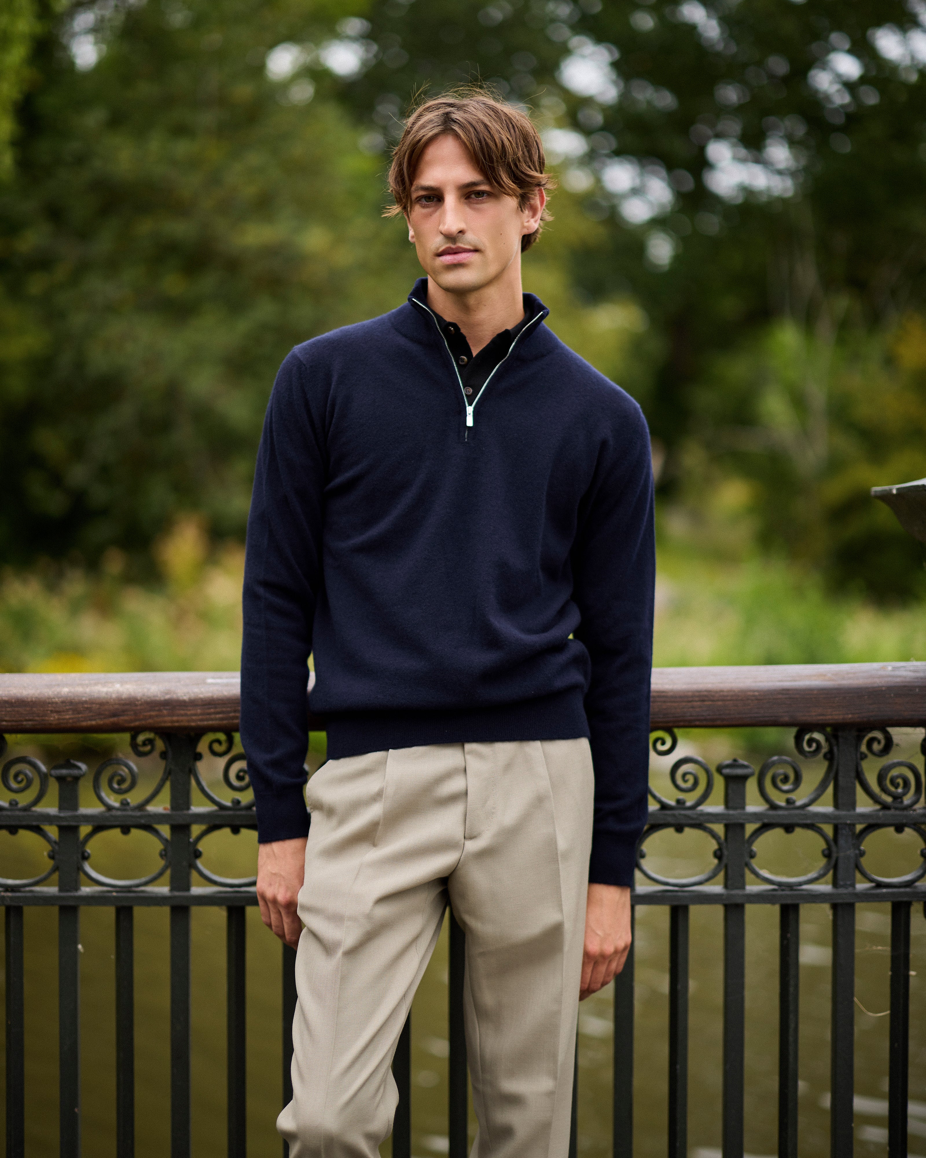 Cashmere driver's half zip sweater in navy