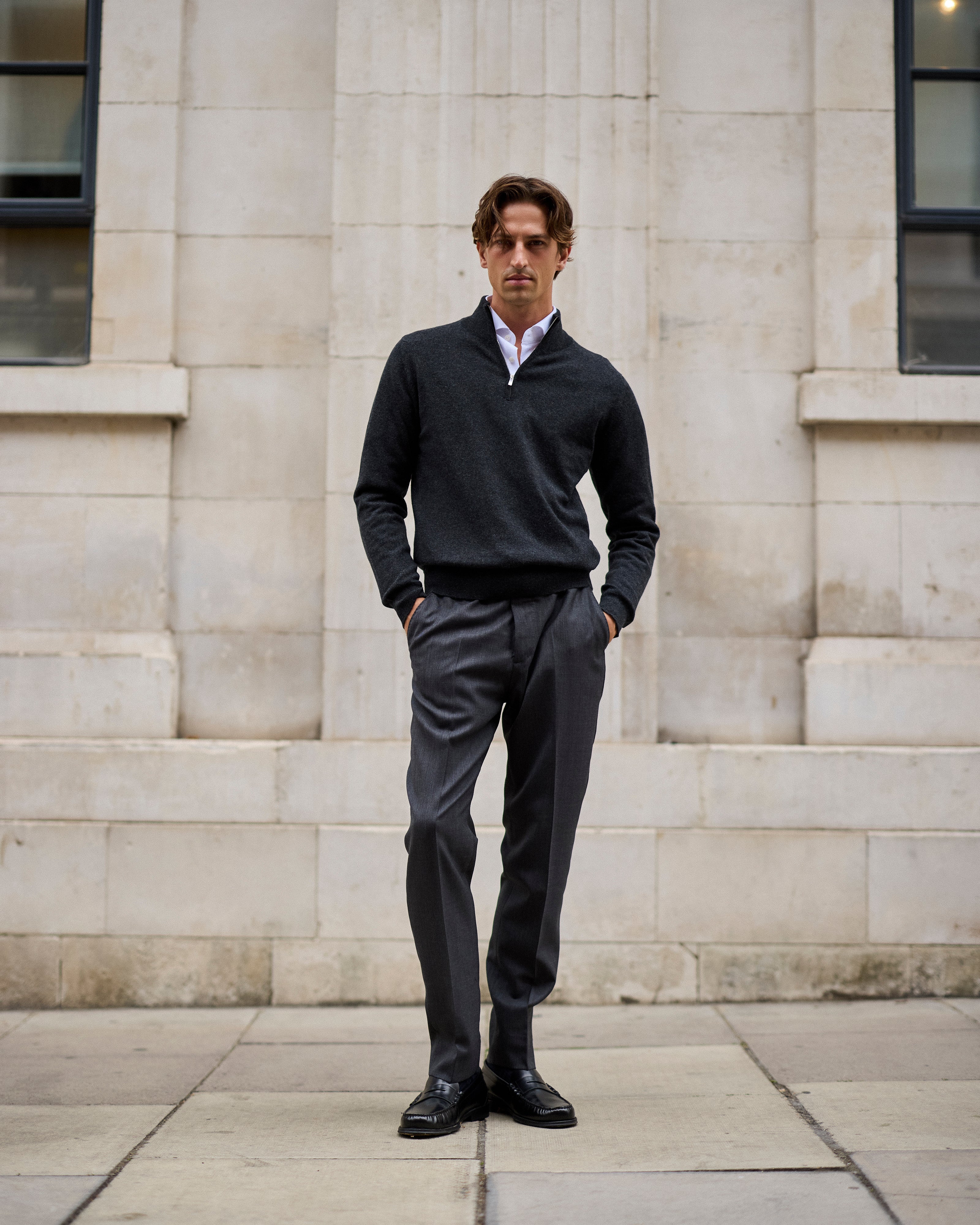 Cashmere driver's half zip sweater in charcoal