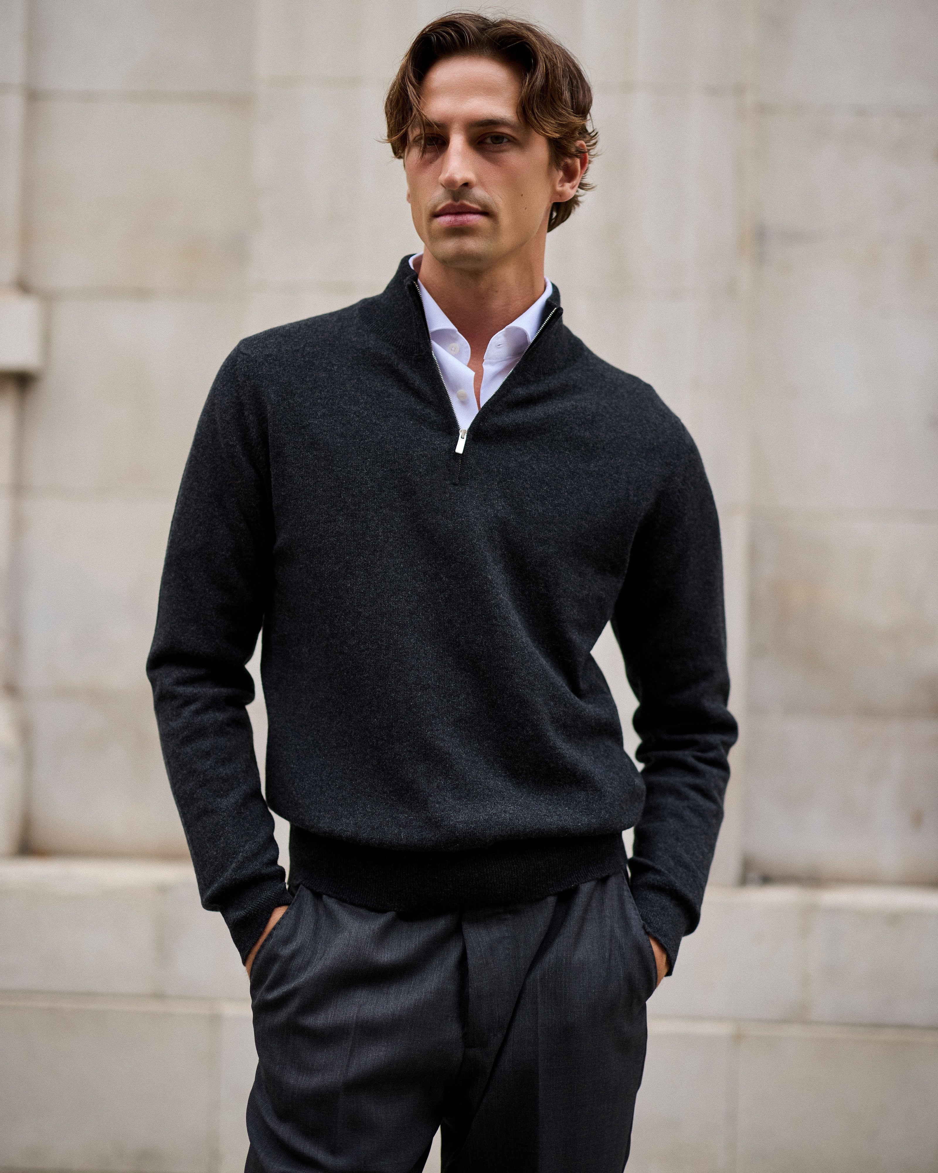 Cashmere driver's half zip sweater in charcoal