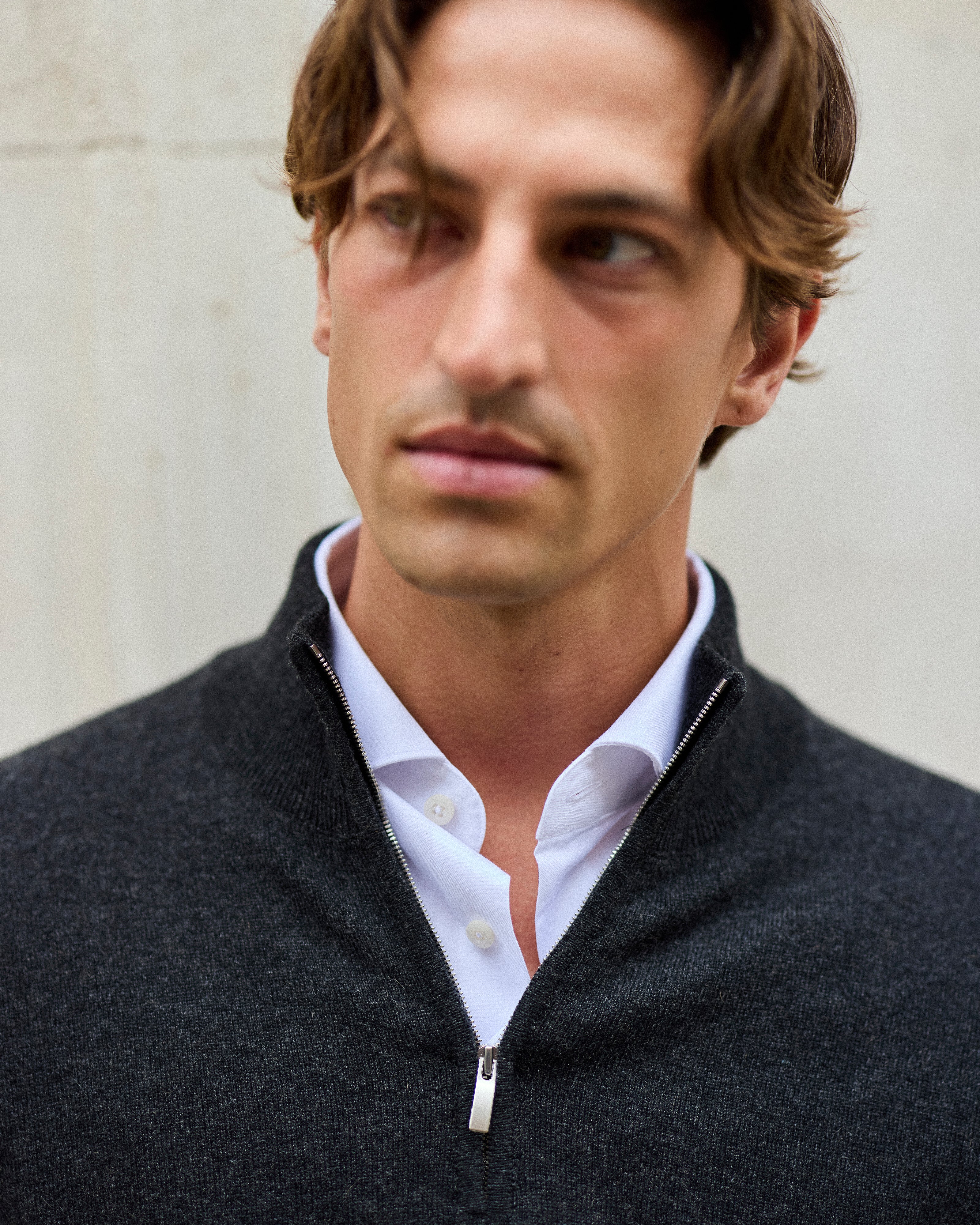 Cashmere driver's half zip sweater in charcoal