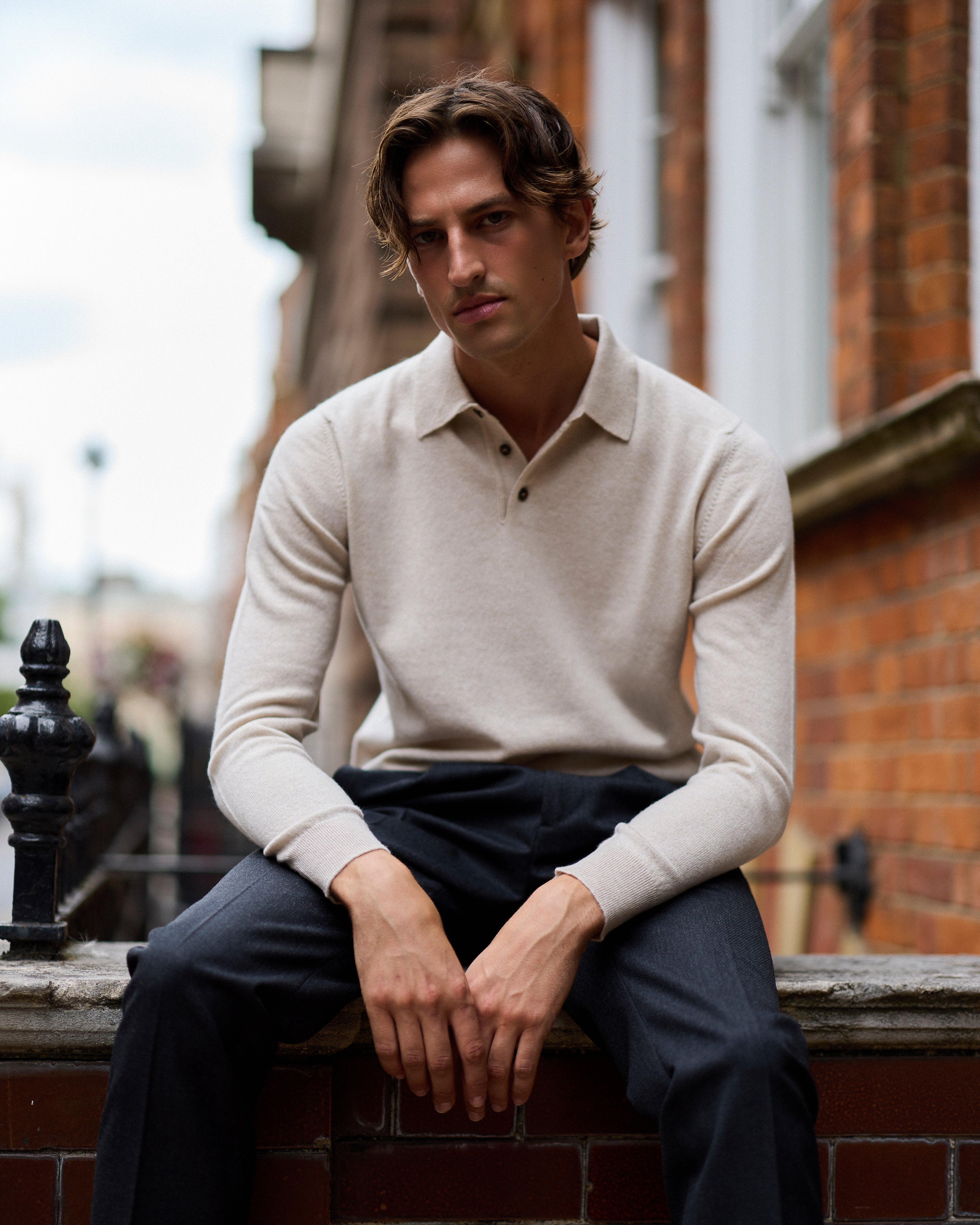 Cashmere polo shirt in oatmeal
