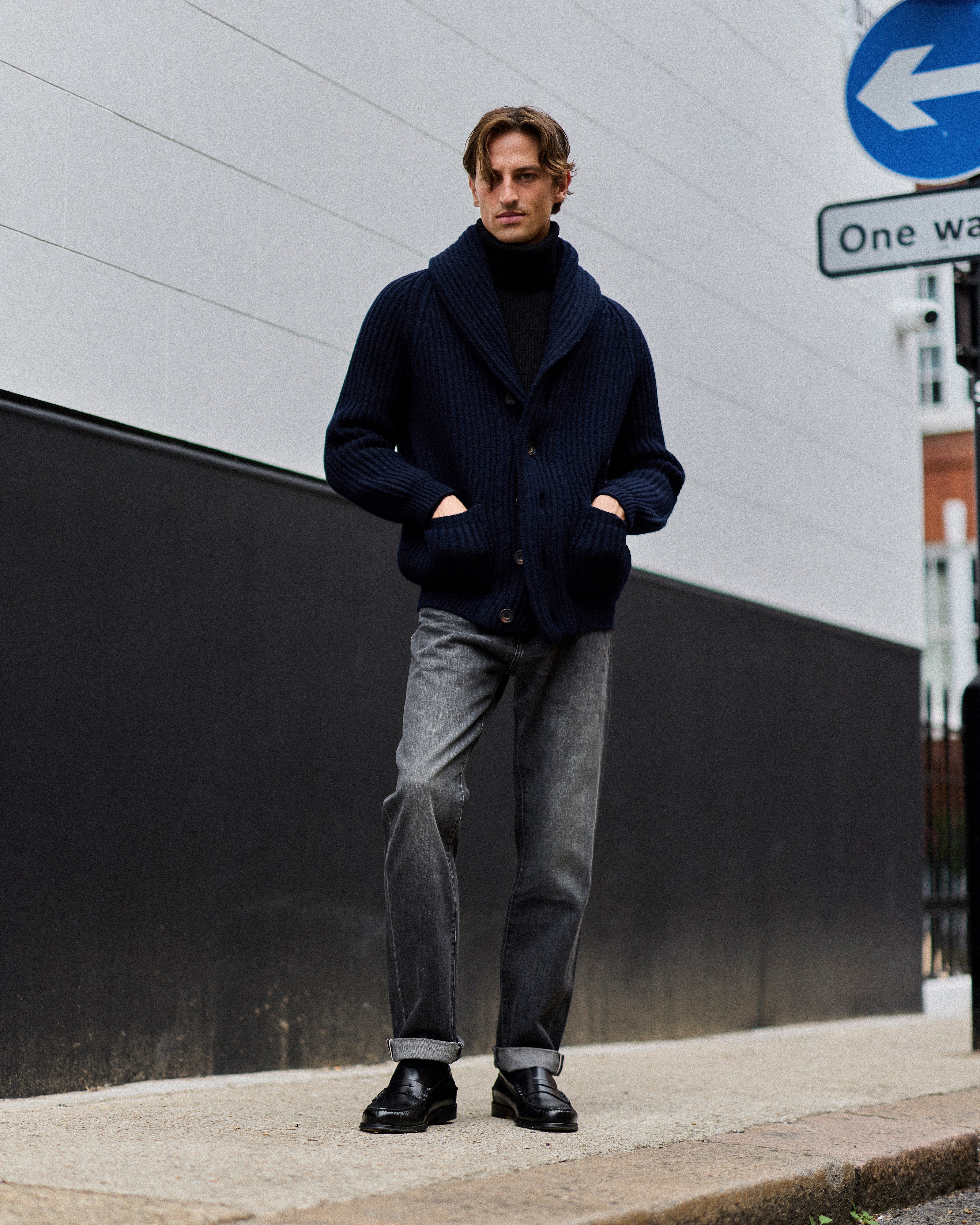 Superfine lambswool shawl collar cardigan in navy