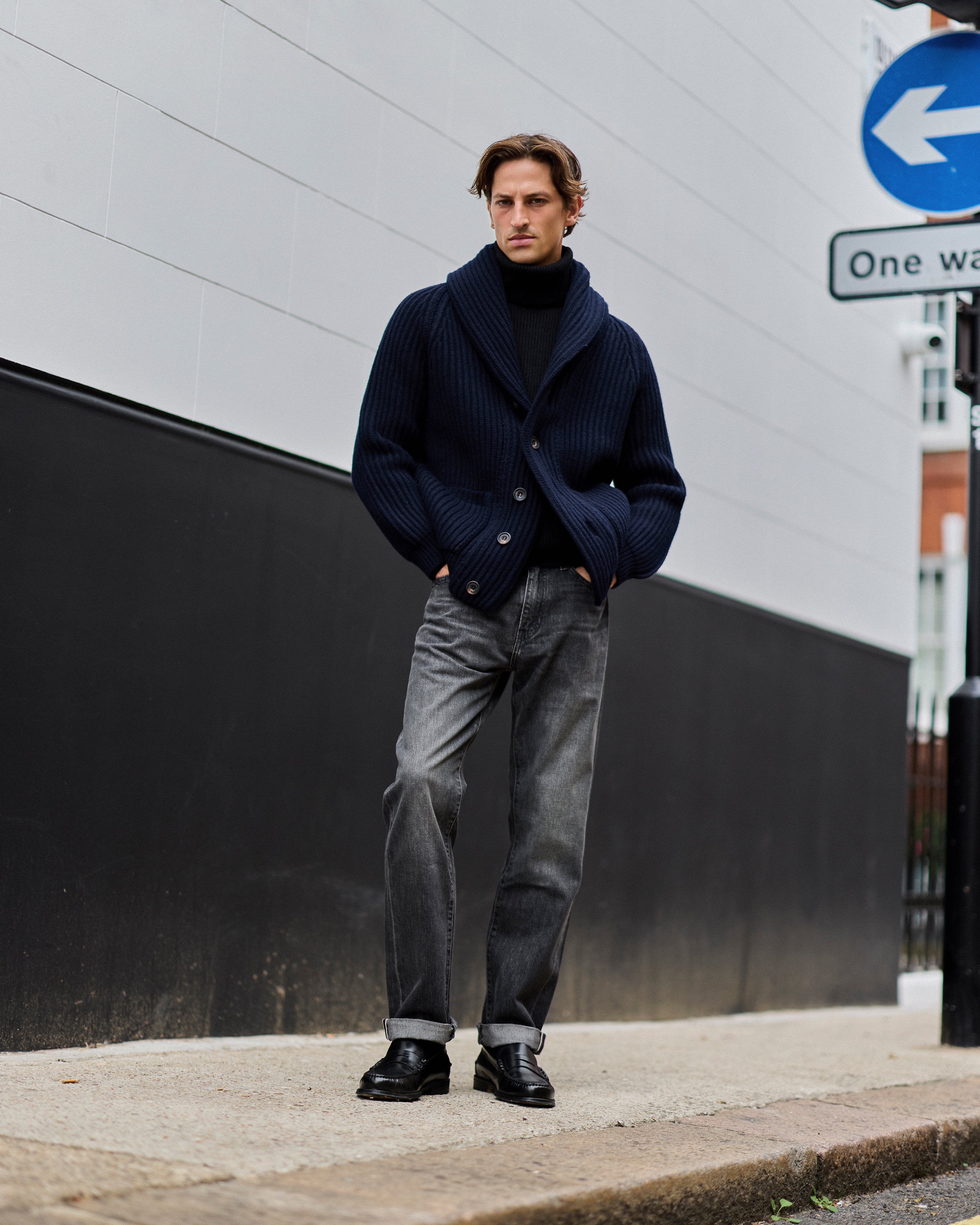 Superfine lambswool shawl collar cardigan in navy