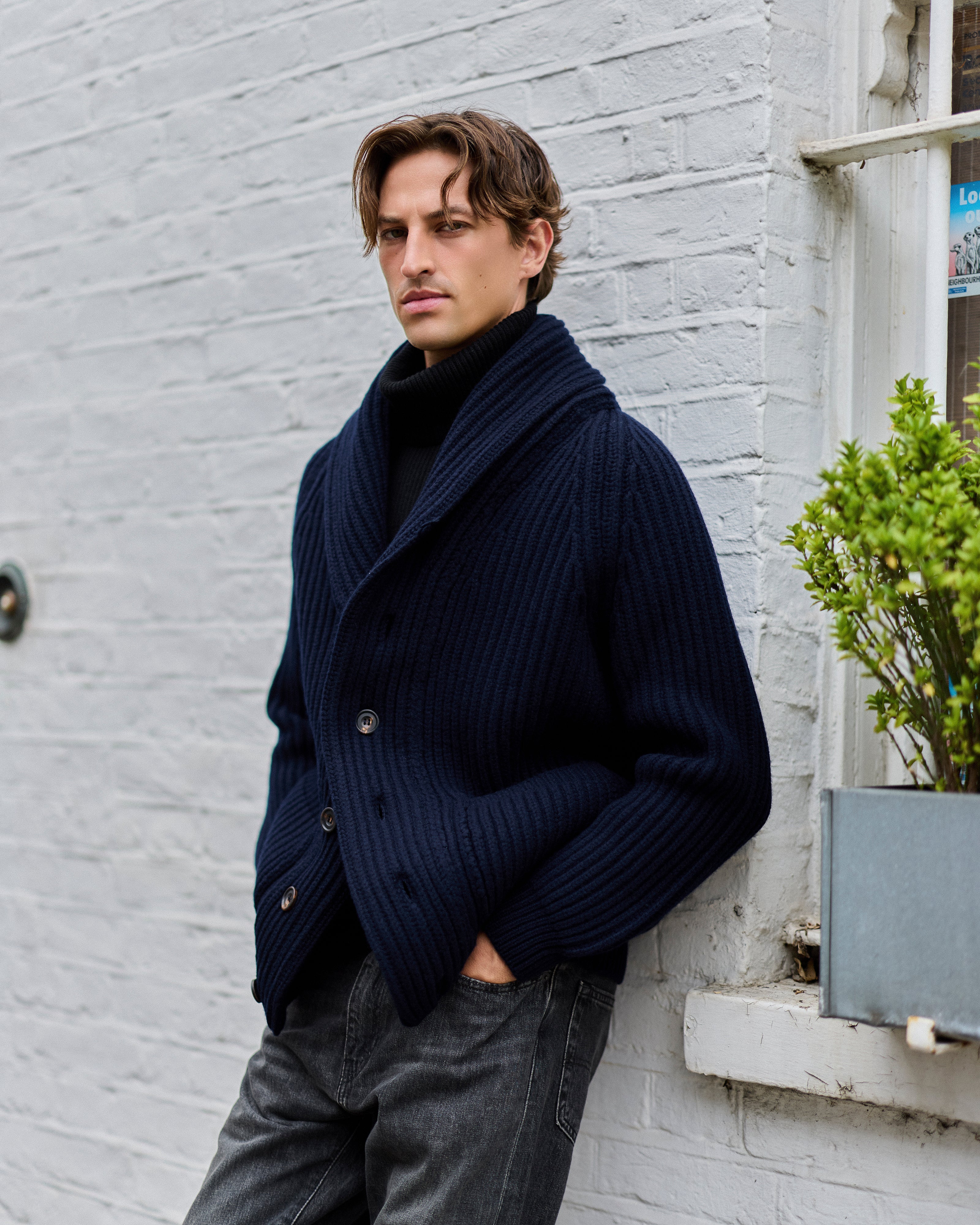 Superfine lambswool shawl collar cardigan in navy